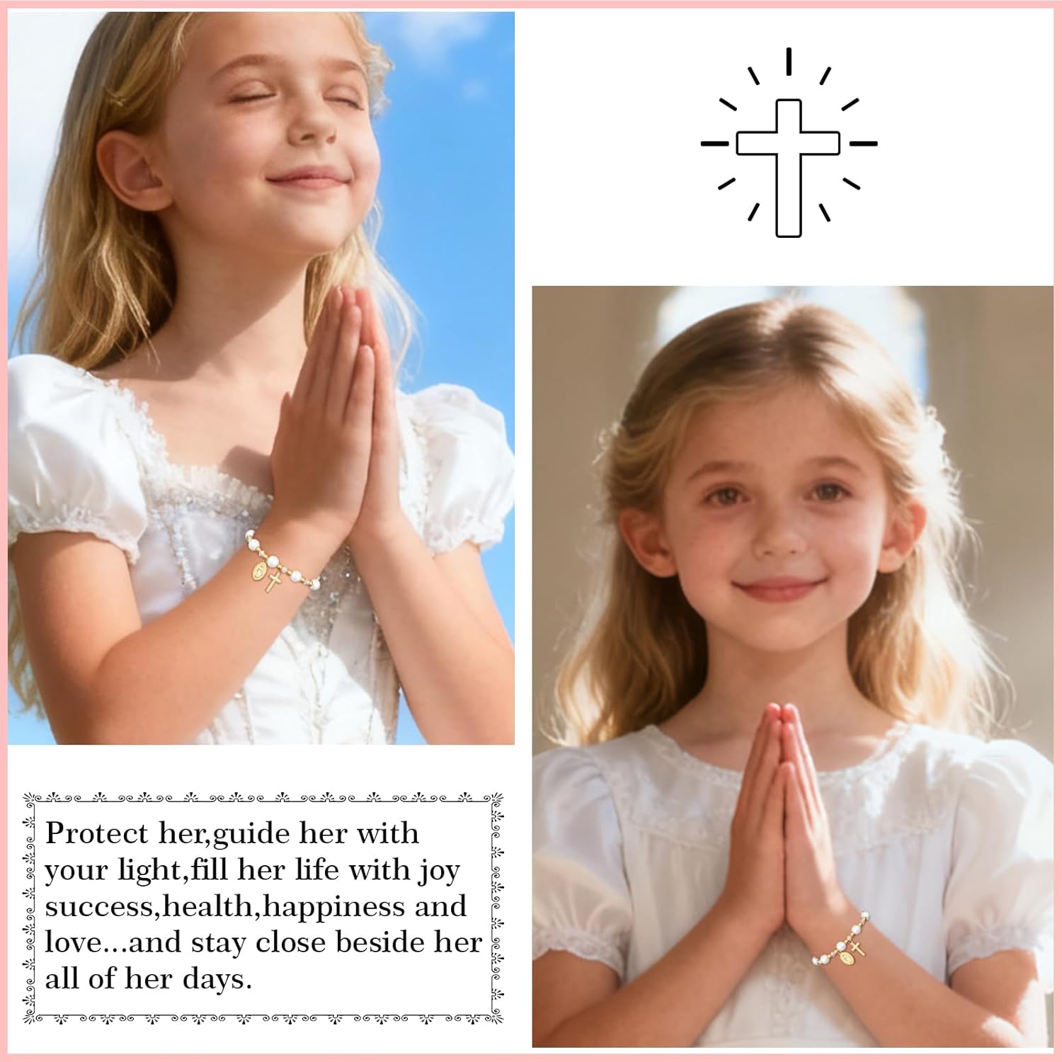 Easter Basket Stuffers - Catholic Gifts Virgin Mary Cross Rosary Pearl Bracelet for Girls Women Confirmation First Communion Baptism Religious Christian Jewelry Gift - Image 2