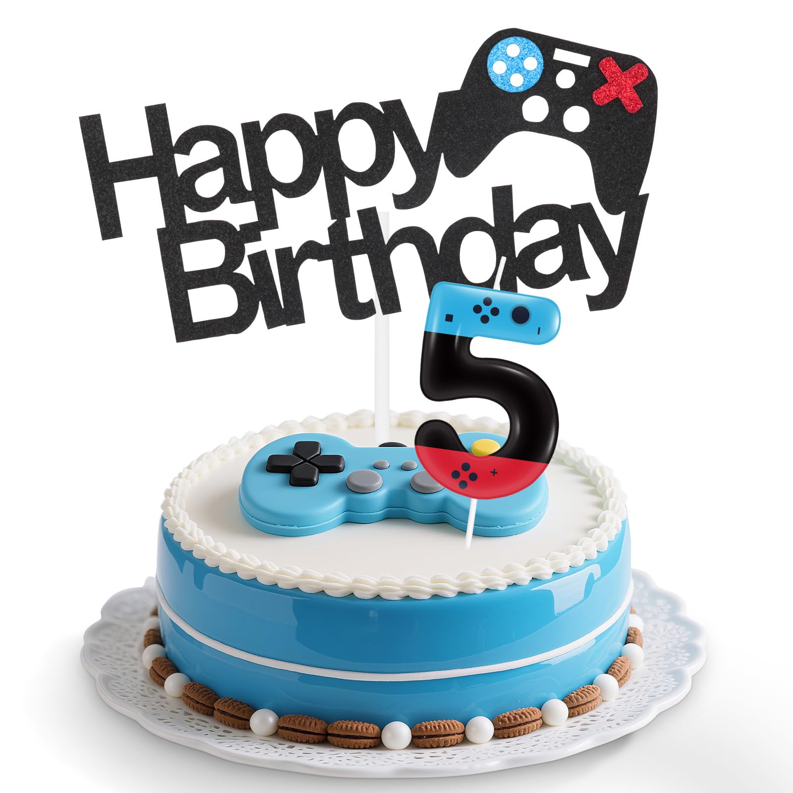 iNINGER Red Blue Level Video Birthday Candles,Level 5 Number Birthday Cake Topper
