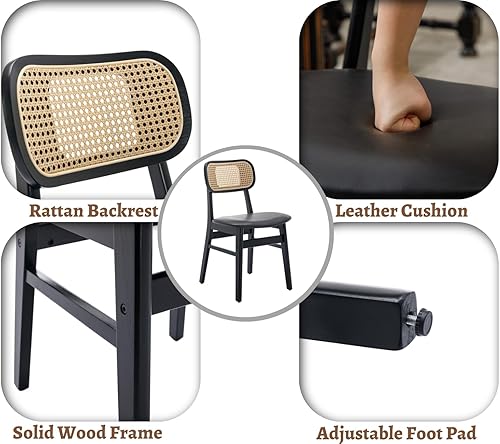 Vista 11 de EALSON Juego de 2 sillas de comedor de ratán, tapizadas de cuero, sillas de cocina de madera modernas de mediados de siglo, sillas laterales sin