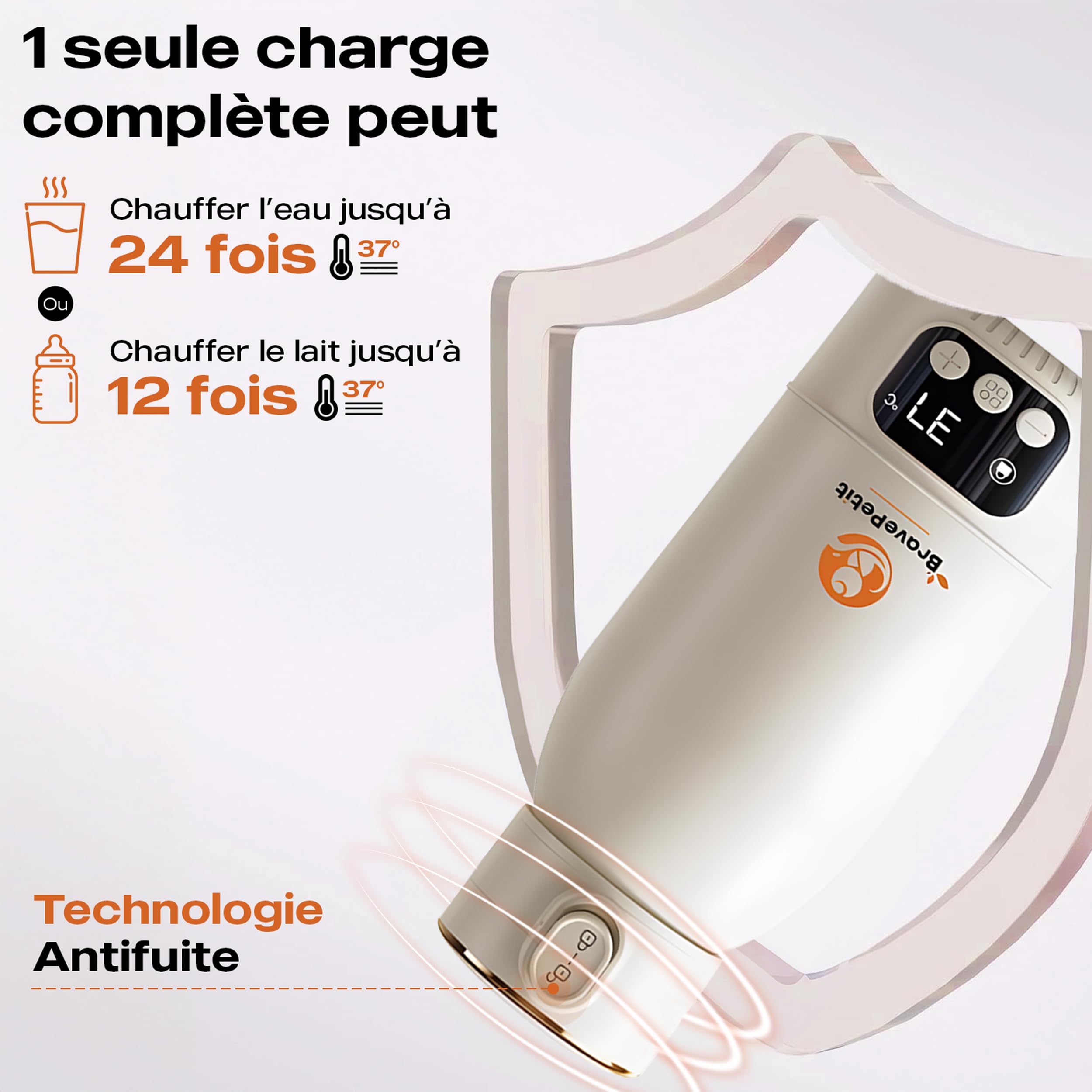 Chauffe-Biberon Portable Nomade, Chauffe Rapide Eau ou Lait, Autonomie Longue Durée, Recharge USB-C, Capacité 500ml, Boîte Doseuse 4 Compartiments, Idéal Voyage & Voiture