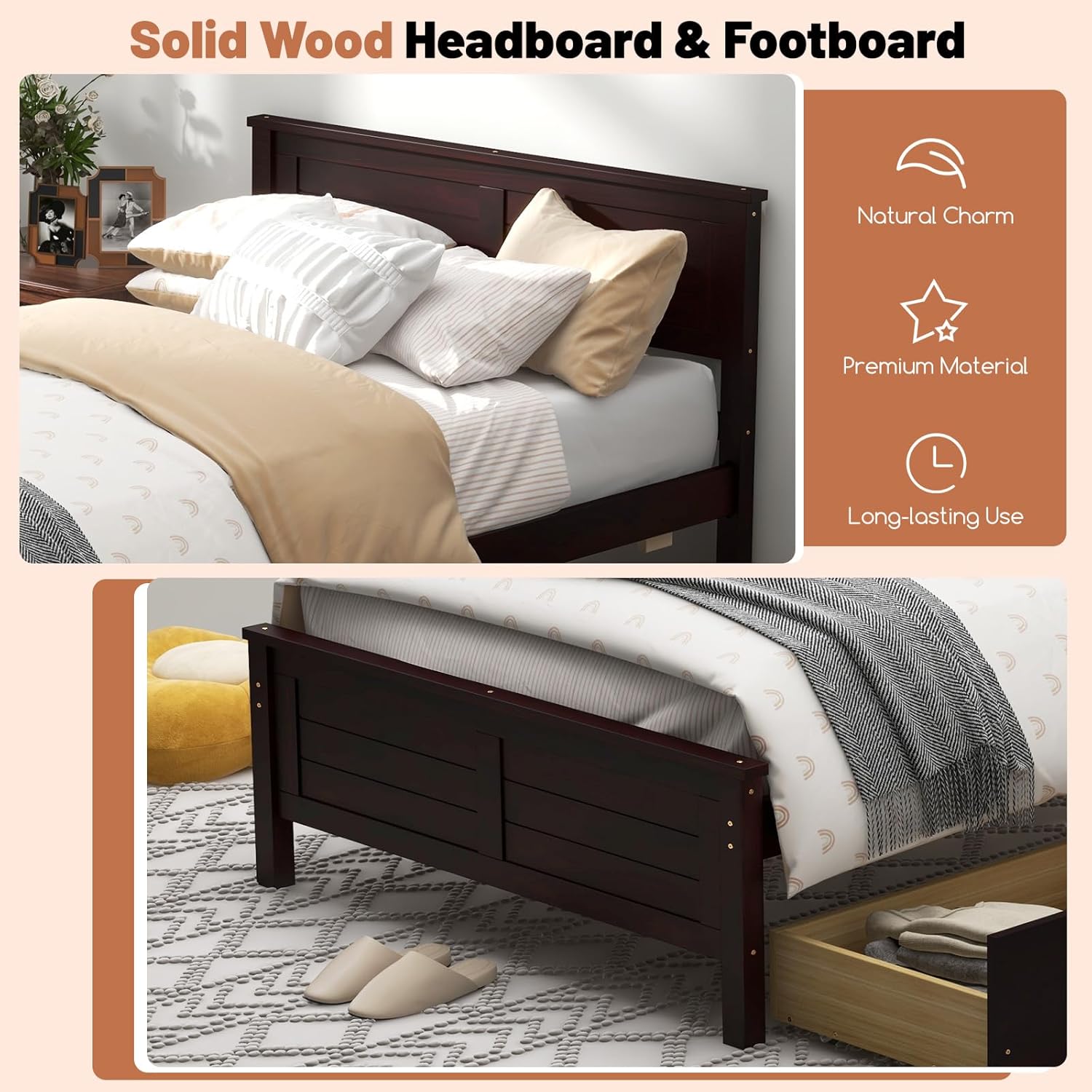 Full Size Bed Frame with 2 Drawers, Platform Bed with Solid Wood