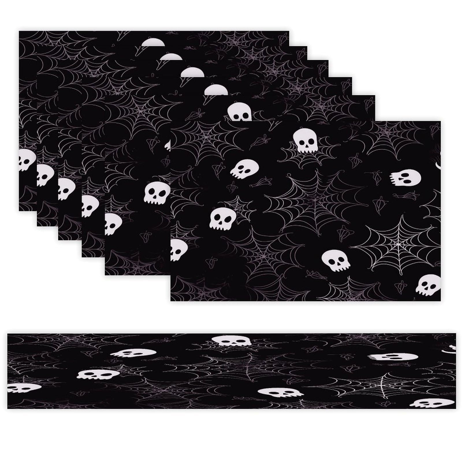 Halloween Goth Table Runner and Placemats of 6 Washable Heat Resistant Place Mats with Table Runner Vintage Holiday Table Mat Set for Holiday Party Kitchen Dining Deco