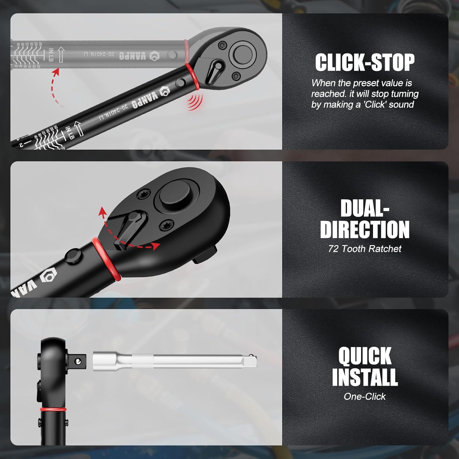 VANPO Torque Wrench Set 1/4" 3/8" 1/2" Drive 20-240 In.lb, 5-45 Ft.lb, 10-170 Ft.lb with 3 Adapters,±3% Accuracy,72-Tooth,Dual Scale,Storage Case,Click Style for Bike, Motorcycle, Car, Truck Repair