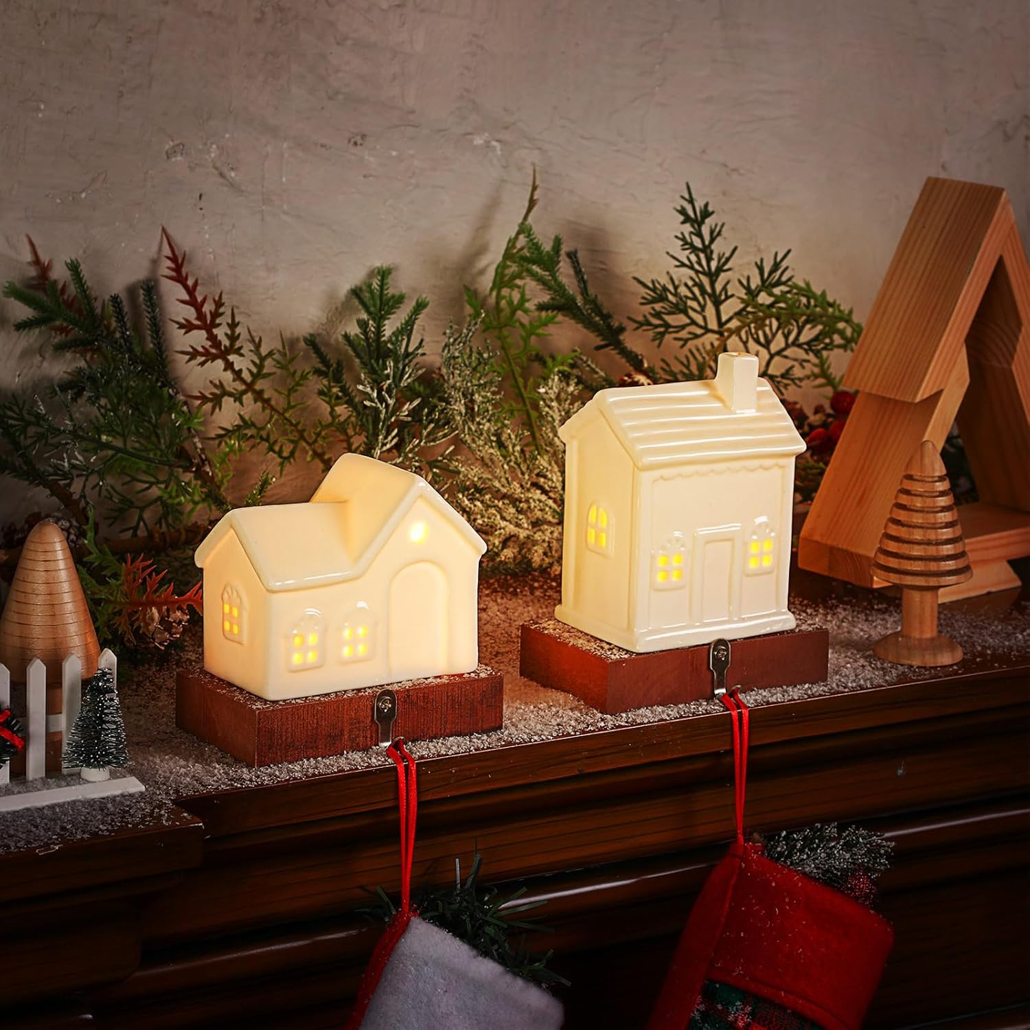 2 Pcs House Stocking Holder Christmas Stocking Holders for Mantle White House Stocking Holder LED Light up Stocking 3D Ceramic House Stocking Hanger Decorative Fireplace Mantle Stockings Hook