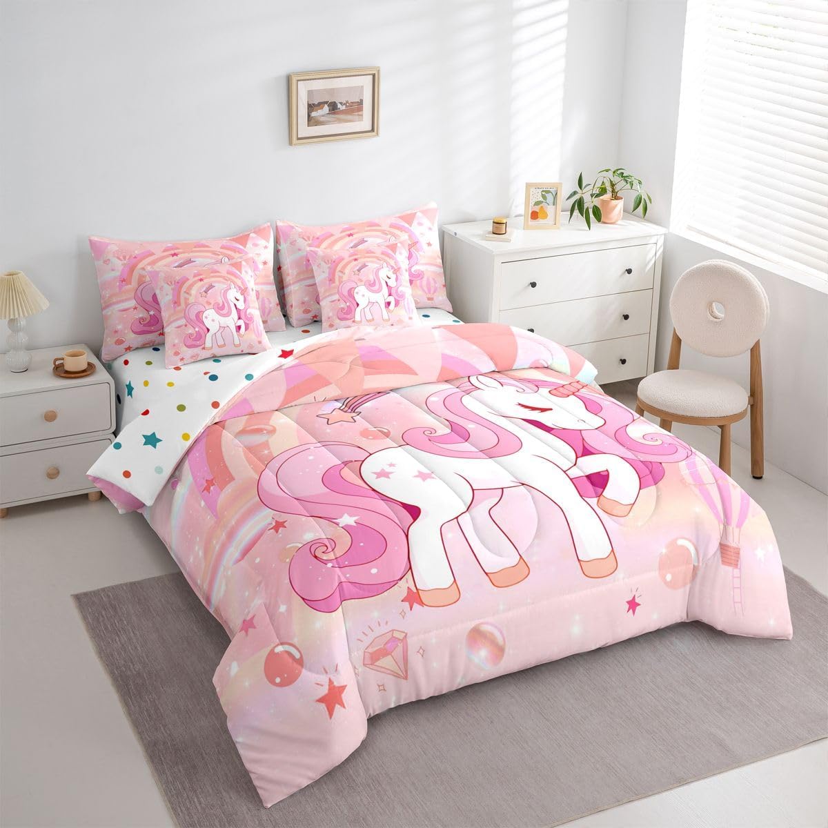 Erosebridal 7 Pcs Comforter Set Full Size,Kawaii Rainbow Unicorn Bed in a Bag with Flat Sheet and Fitted Sheet for Kids Teens Adult,Cartoon Ombre Unicorn Stars Bedding Set with Pillowcase and Sham
