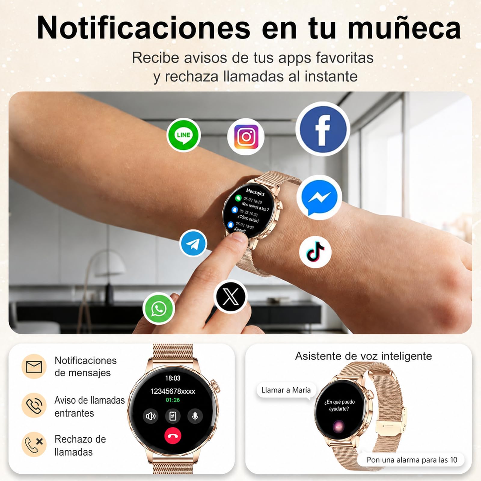Efolen Reloj Inteligente Mujer con Llamadas Bluetooth, 1.27" Smartwatch Mujer Redondo con 2 Correas, 120+ Modos Deportivos, Pulsómetro, SpO2, Sueño, IP68 para Android iOS, Oro Rosa