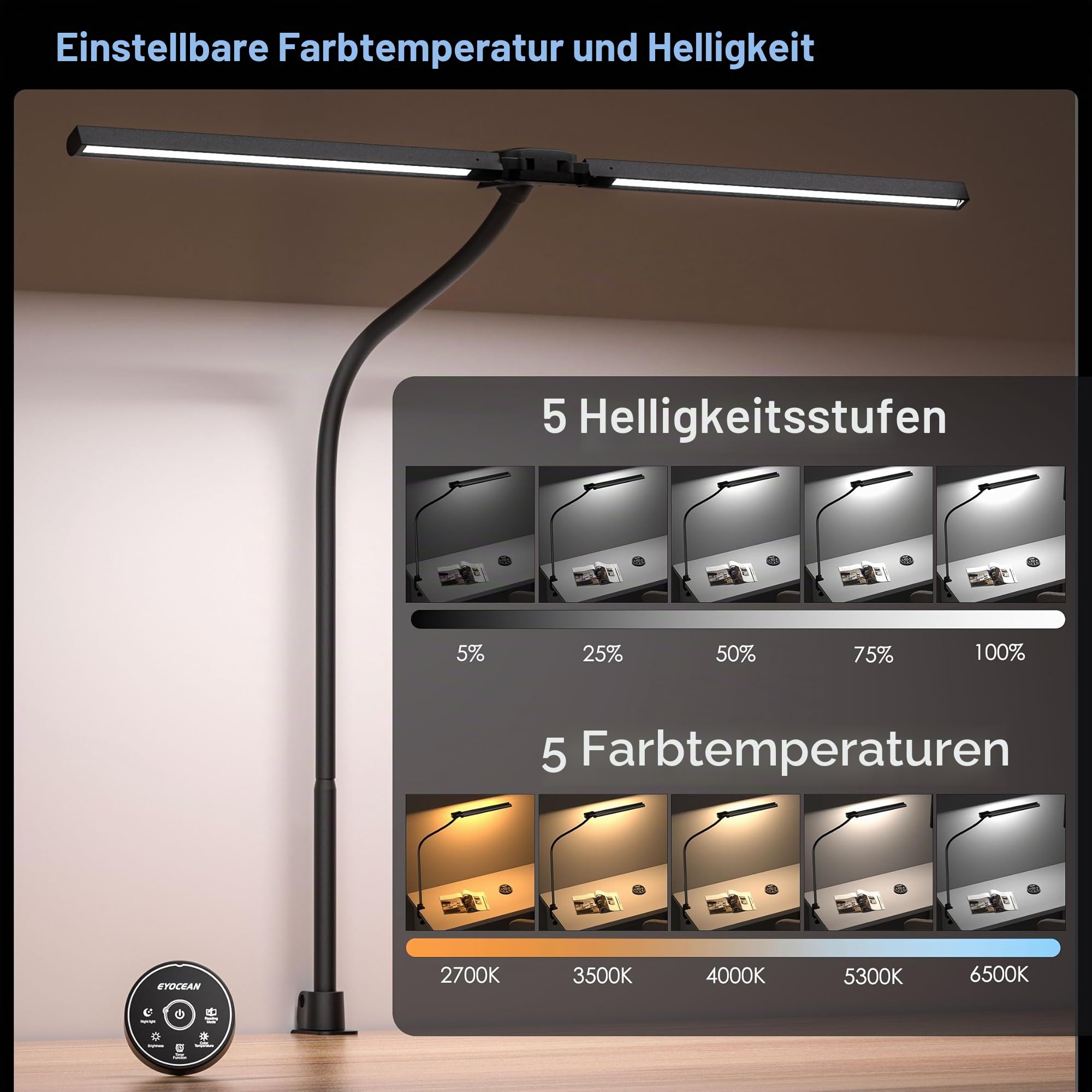 EYOCEAN Schreibtischlampe, Doppelkopf Schreibtischlampe Klemmbar, 24W 80cm Tageslichtlampe Schreibtisch mit Fernbedienung, Dimmbare Monitor Lampe, Büro Tischlampe, Augenschutz Bildschirmlampe