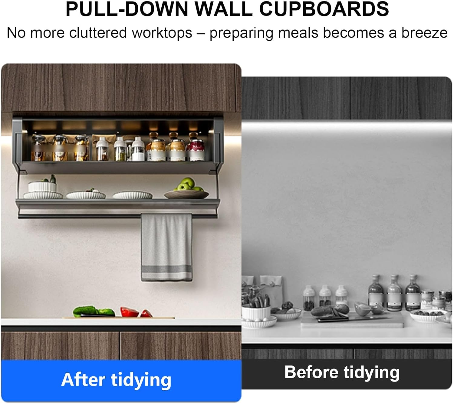 Pull-Out Cabinet Organizer 2-Tier Wall Pull Down Shelf Lifting and Foldings Cabinet Available In 15.7-35.4in Freely Adjustable Suitable for Kitchens and Bathrooms 90cm/35.4in