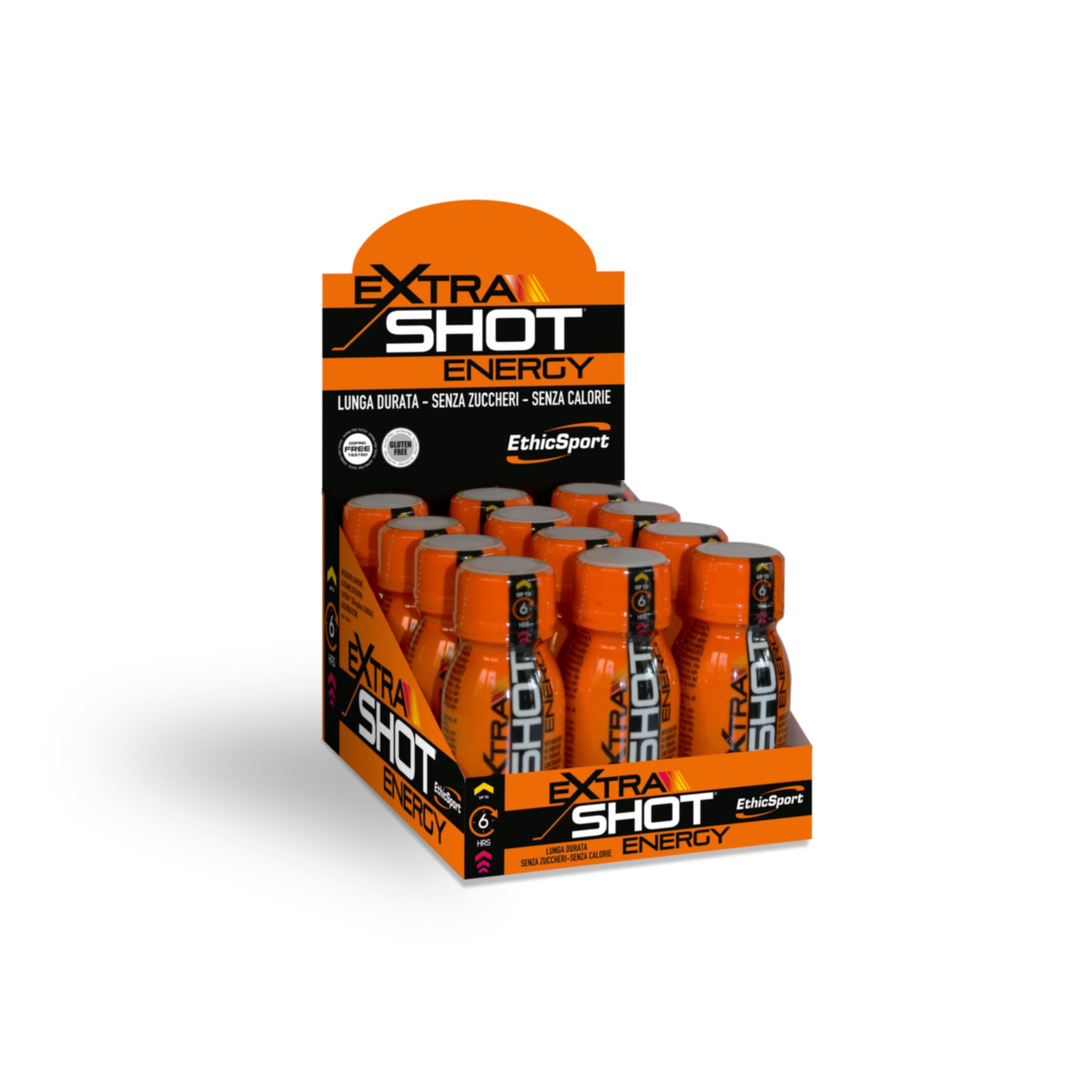 Extra Shot Energy EthicSport – Energy shot con Caffeina 200 mg, Taurina, Guaranà e Vitamine B – Focus, concentrazione e riduzione stanchezza – 12 flaconi da 60 ml – Senza zuccheri, gluten free