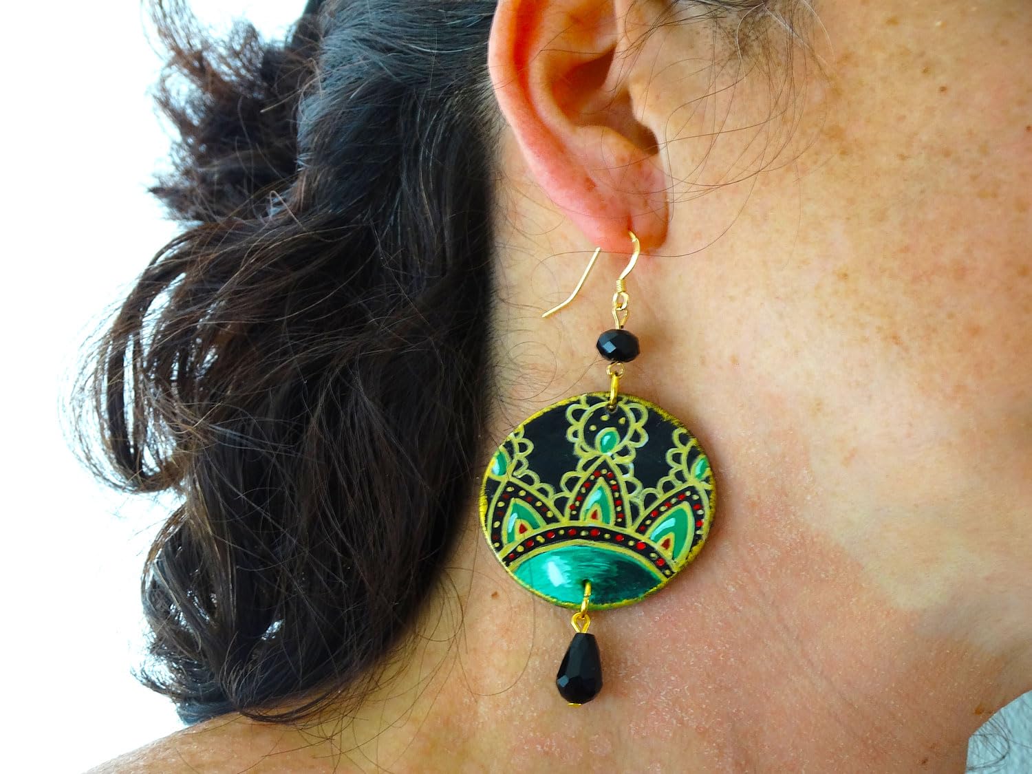Orecchini dipinti a mano – DECORAZIONE CERAMICA DI VIETRI - Orecchini pendenti da donna, Gioielli in legno dipinto, Gancio in argento, Made in Italy, Bijoux da donna decorati, Lavorazione Artigianale