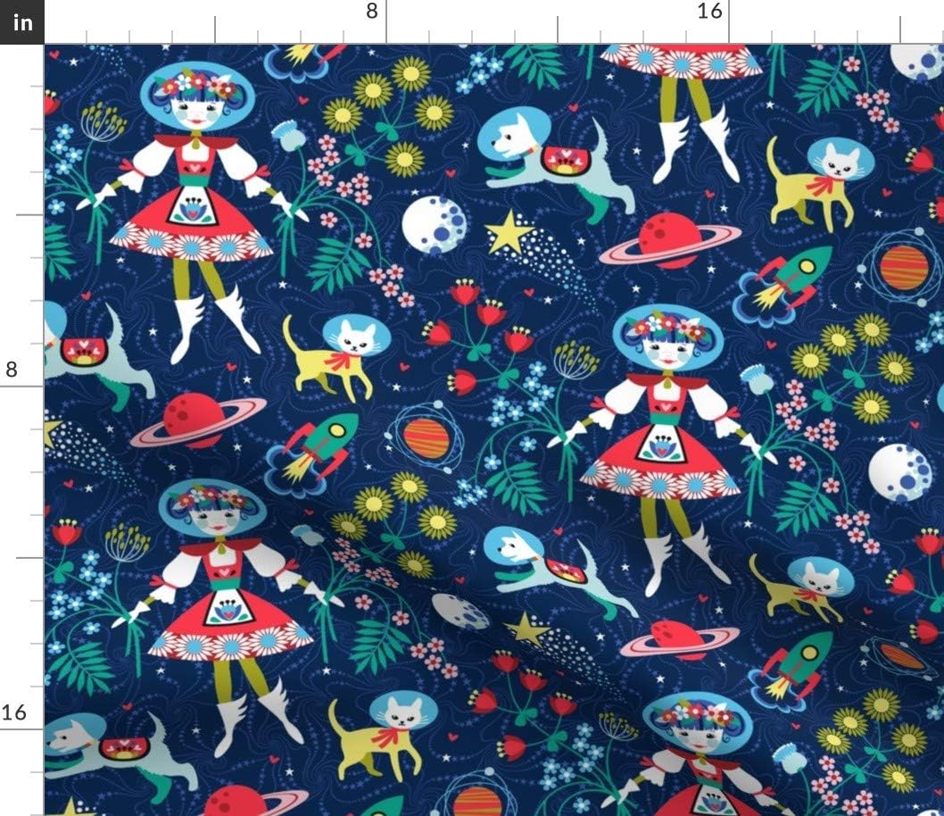 Spoonflower Fabric - Folk Art Scandinavia Space Dogs Cat Planets Moon Scandinavian Printed on Petal Signature Cotton Fabric Fat Quarter - Sewing Quilting Apparel Crafts Decor