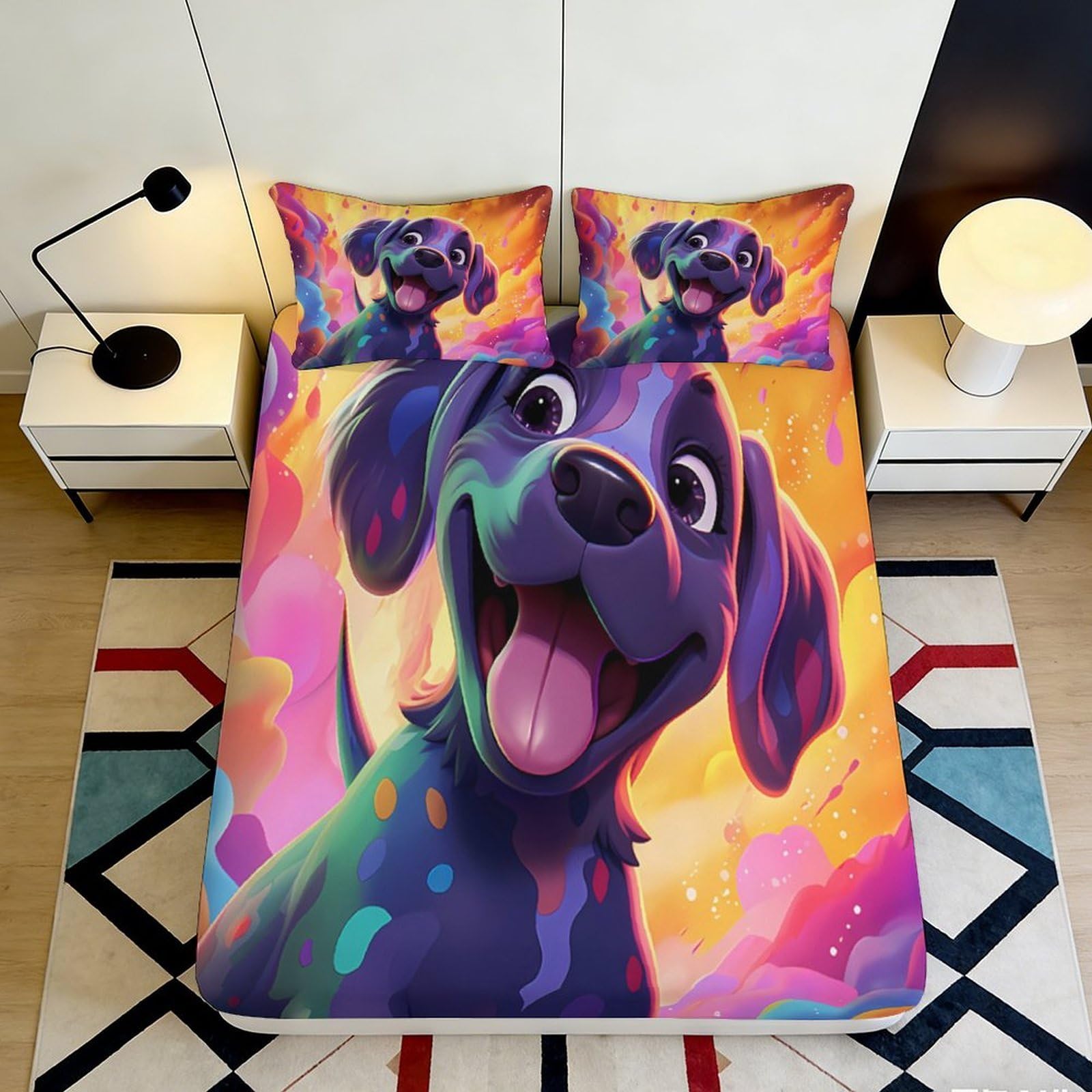 3D Printed Colorful Dog Fitted Sheet Microfiber Soft Anti-Slip Cartoon Puppy Mattress Cover for Bedroom Guest Room 160x200x25cm