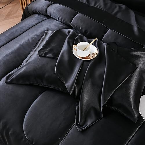 Miniatura 8 de Juego de edredón sedoso negro de satén tamaño King en una bolsa, 8 piezas de ropa de cama sedosa de hotel de lujo con 1 edredón, 1 sábana encimera,