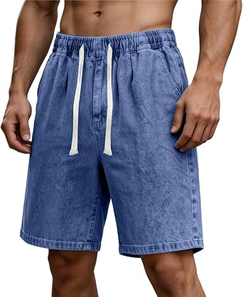 Mens Casual Denim Shorts Elastic Waist Drawstring Short Pant Wide Leg Loose Fit Jean Shorts Classic Summer Shorts