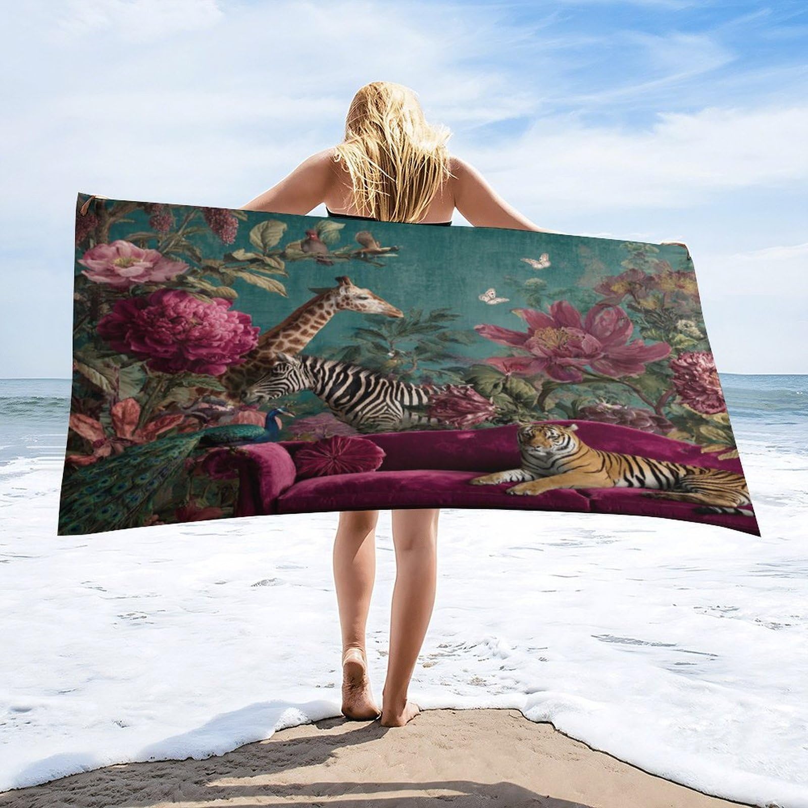 Luyysky Rustic Aesthetic Tiger Giraffe Quick-Drying Beach Towel, Classic Fantasy Tropical Animal Zebra Peacock Butterflies Floral Travel Vacation Single Sided Pile Bathroom Towels-80 W Cm X 160" L Cm