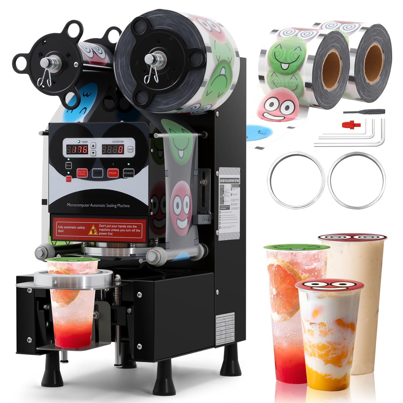 Full Automatic Cup Sealer Machine, 90/95mm Caliber Electric Boba Sealing Machine with 2 Rolls Sealing Film, 400-700 Cups/H Digital Control Cup Sealer for Bubble Milk Tea Coffee Beverage Shops