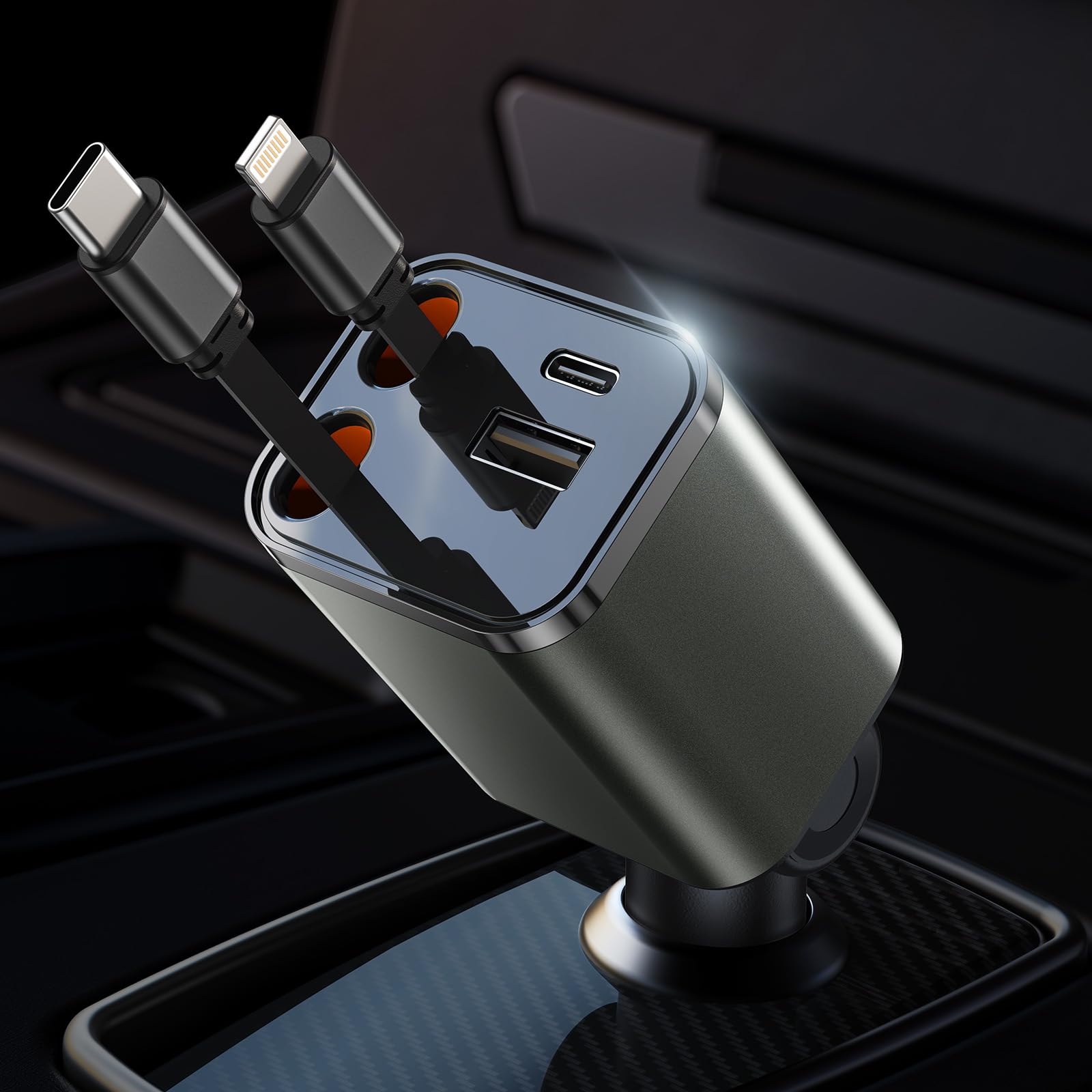 [2025 Compact] 4 in 1 Retractable Car Phone Charger 87W,PD3.0 QC4.0 Fast USB C/Lighting Retractable Car Charger with Dual Cords,Small Multi Cigarette Lighter for 16 15 14 13,Pad,Samsug,Android