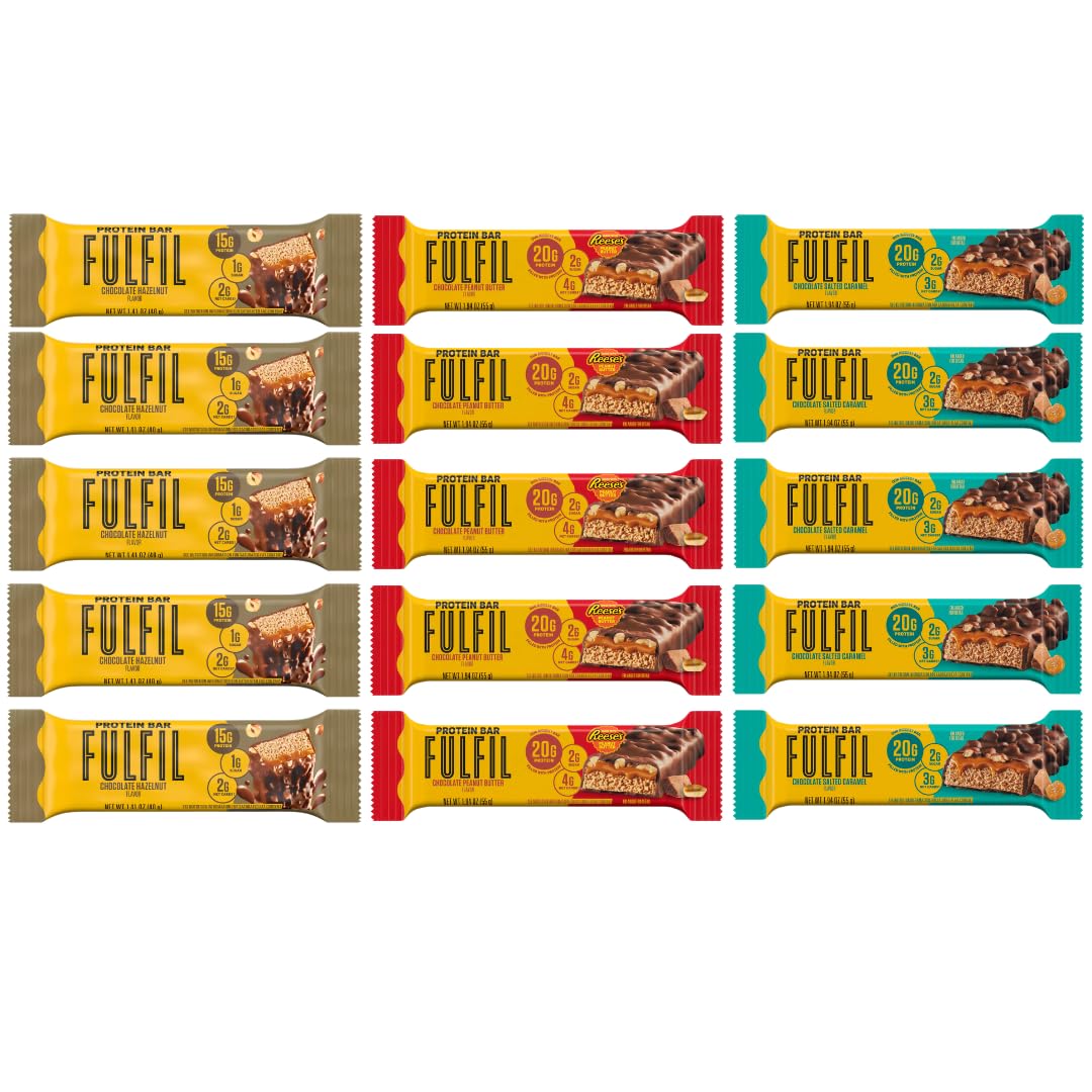 Fulfil Protein Bar Variety Pack (15 Count) – Chocolate Hazelnut, Chocolate Salted Caramel & Chocolate Peanut Butter – High Protein Snack Bars for On-the-Go Energy, Workout Recovery & Healthy Snacking