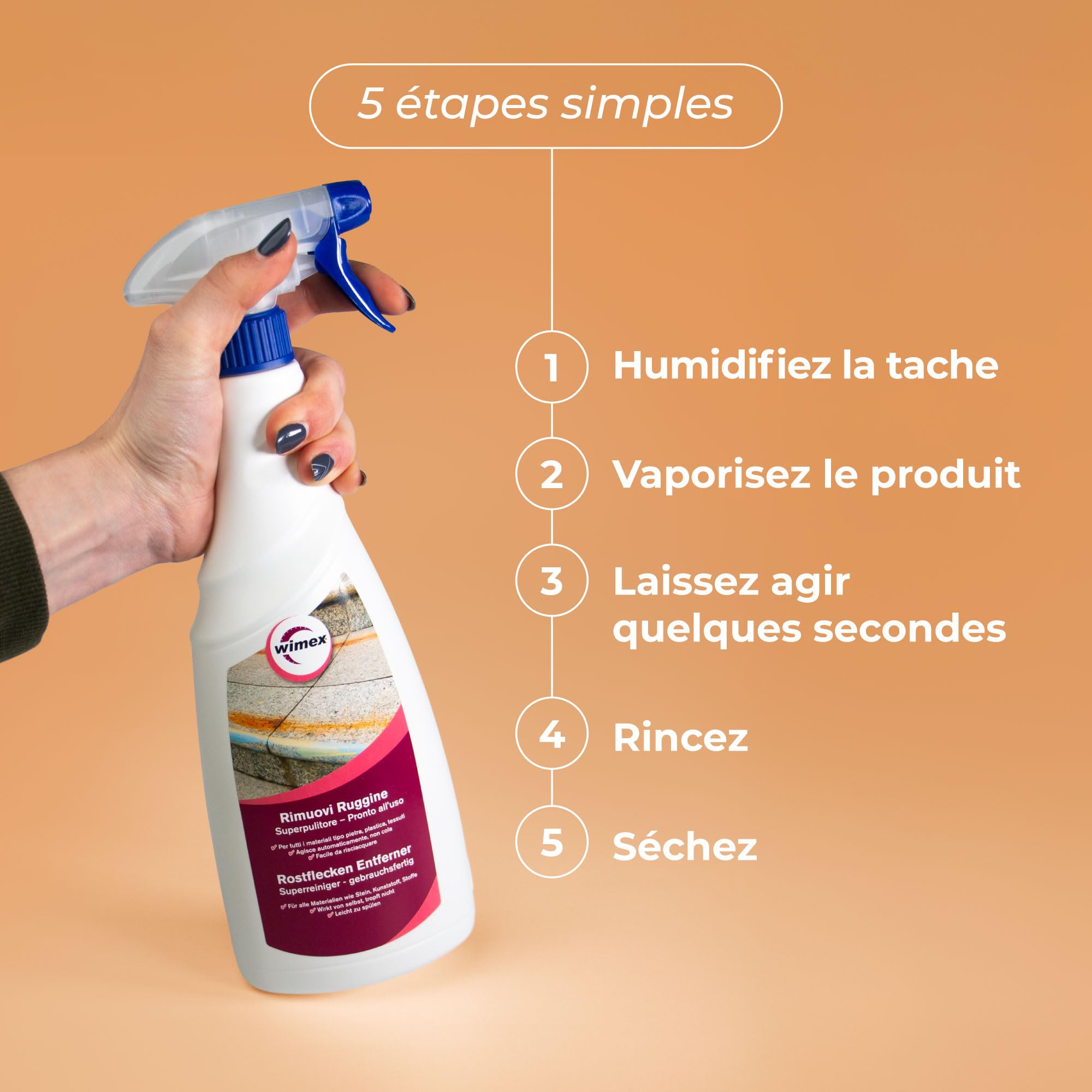 Wimex® Retirer la rouille Spray pour taches de rouille sur toutes les surfaces et tissus. 750 ml
