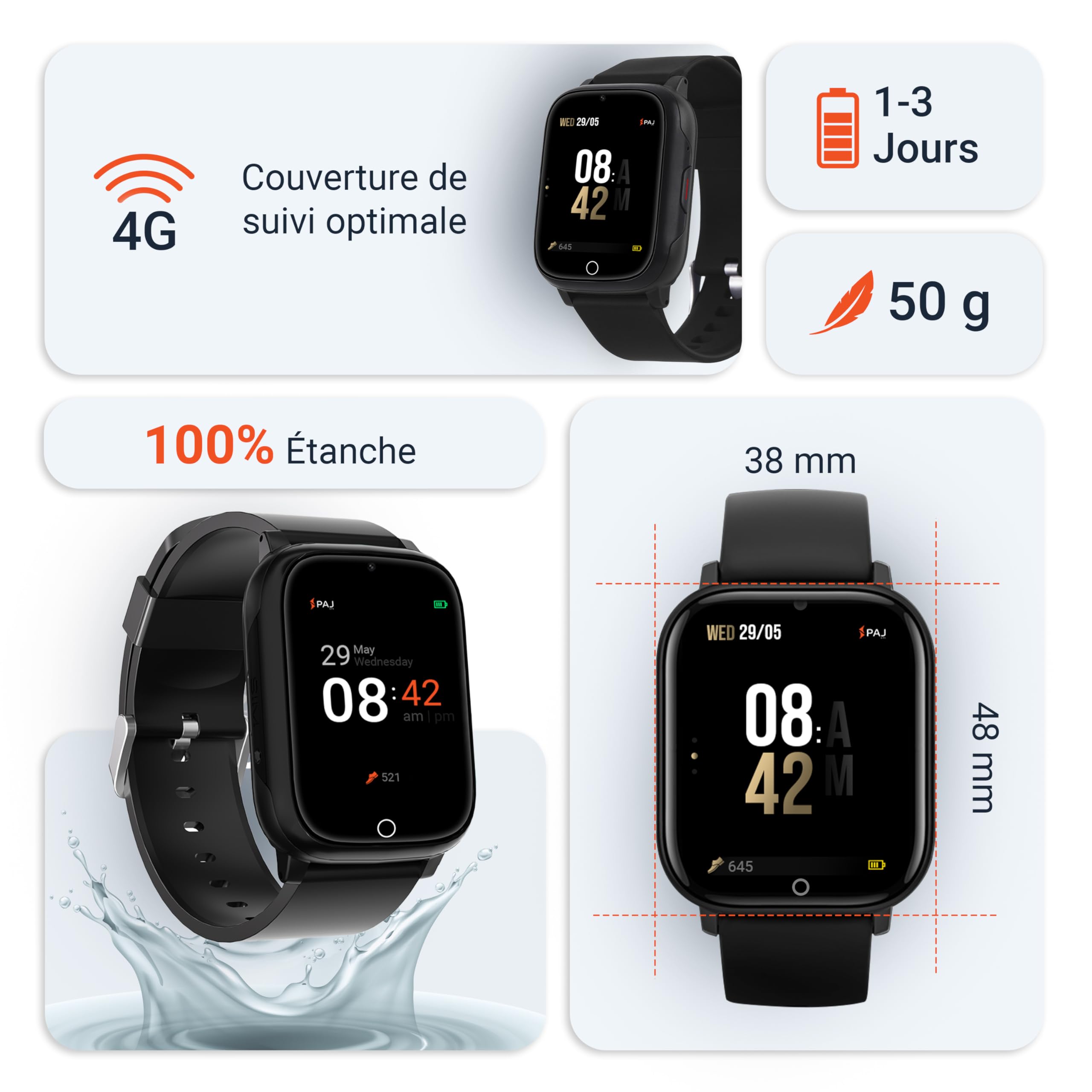 PAJ Smartwatch Finder 4G avec Fonction d’Appel - Montre GPS pour Enfants et Seniors - localisation en Temps réel - SOS - caméra - Messages vocaux et étanchéité – Idéale pour Les Soins Alzheimer