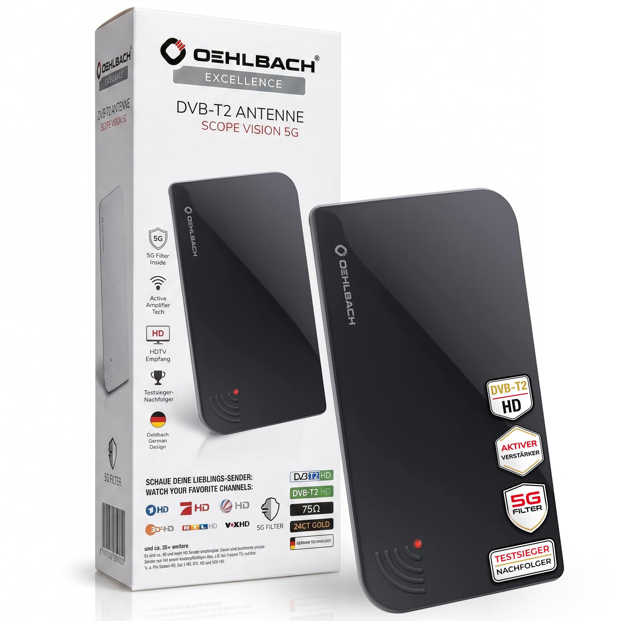 Oehlbach D1C17236 Scope Vision antena 5G DVB-T2 HD – cyfrowa antena pokojowa – aktywny wzmacniacz DVB-T2 – następca naszego zwycięzcy testu – teraz z filtrem 5G, czarna