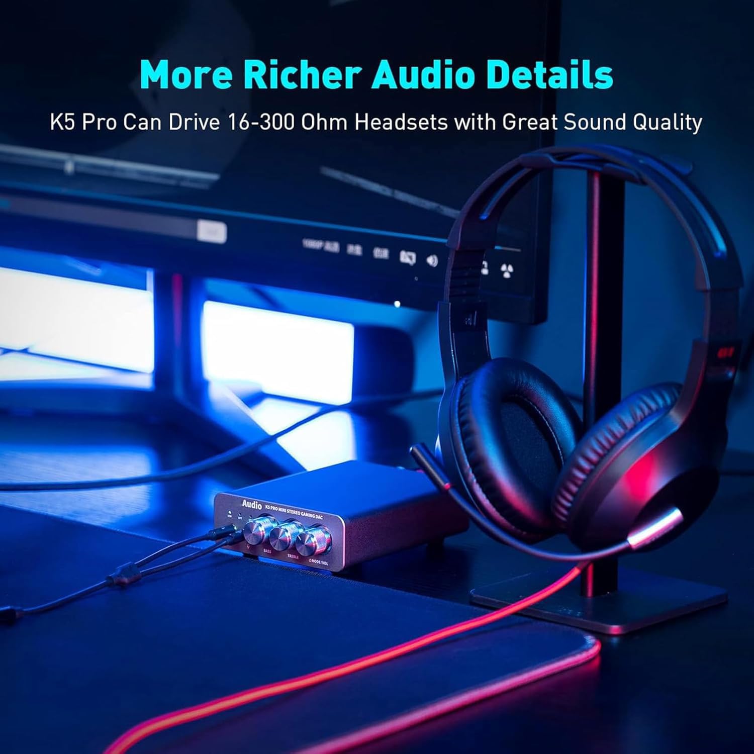 K5 Pro wzmacniacz słuchawkowy do gier, mini konwerter analogowy stereo Hifi, 3,5 mm AUX i interfejsy mikrofonowe, odpowiedni do aktywnych głośników PS4/PS5/Switch