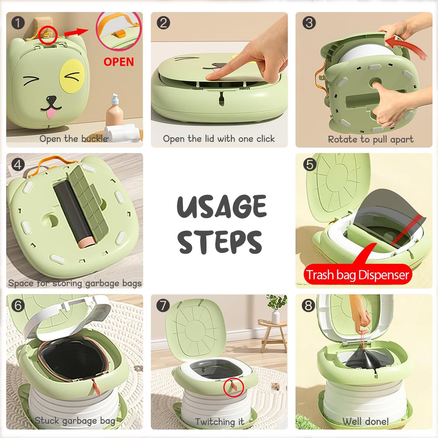 KAMHBE Travel Potty 3-in-1 Portable Potty for Toddlers Foldable Training Toilet Seat Kids Carry Potty Chair for Car Camping Indoor Outdoor Bathroom - (Green) 4