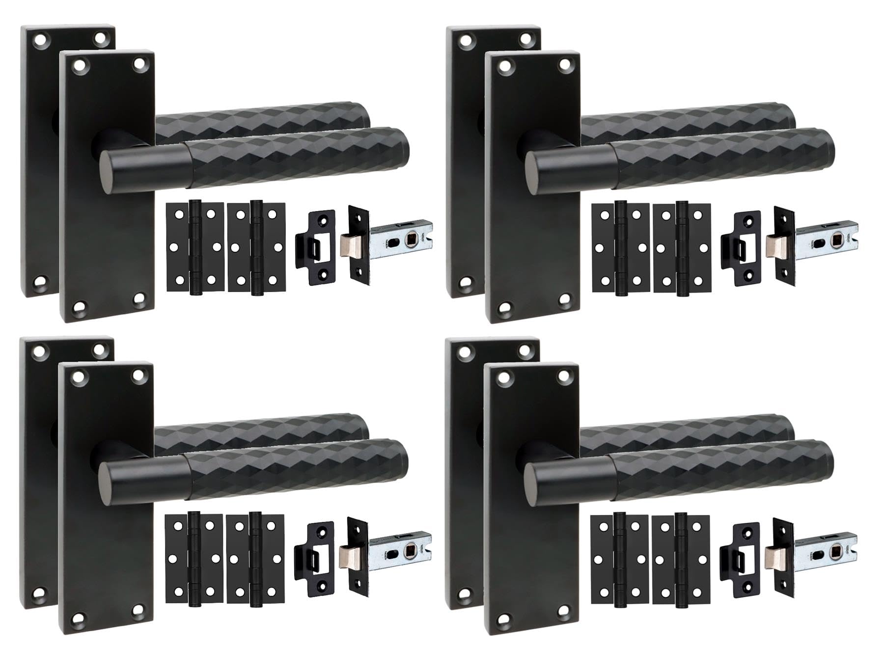 Golden Grace 4 Pairs Victorian Knurled Diamond Cut Door Handle Matt Black With 2.5" Latch & Hinges120mm X 40mm from B&Q