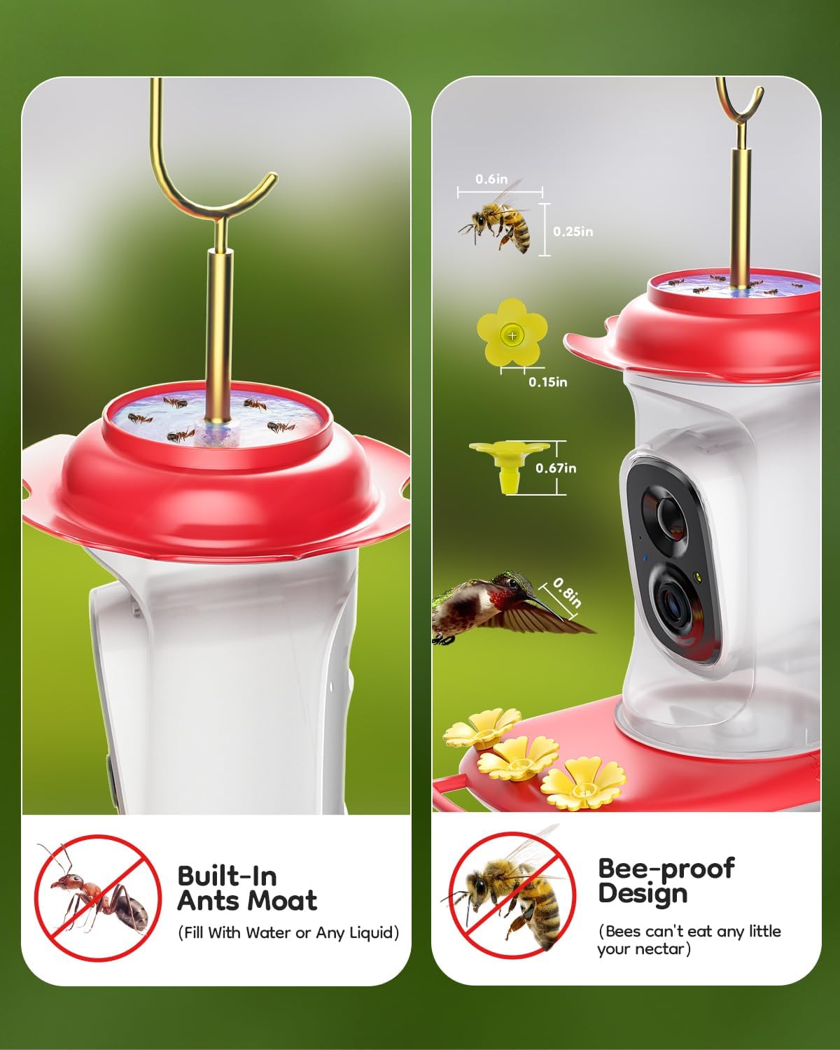 LongPlus® Solar Hummingbird Feeder with Camera for Outdoors, Solar Hummingbird Feeder with 2K Live Video,Ant Guard Base,AI Bird Identify,Ant Moat,Bee Proof with 3 Feeding Ports, Bird Lover Gifts Ideal - Image 5
