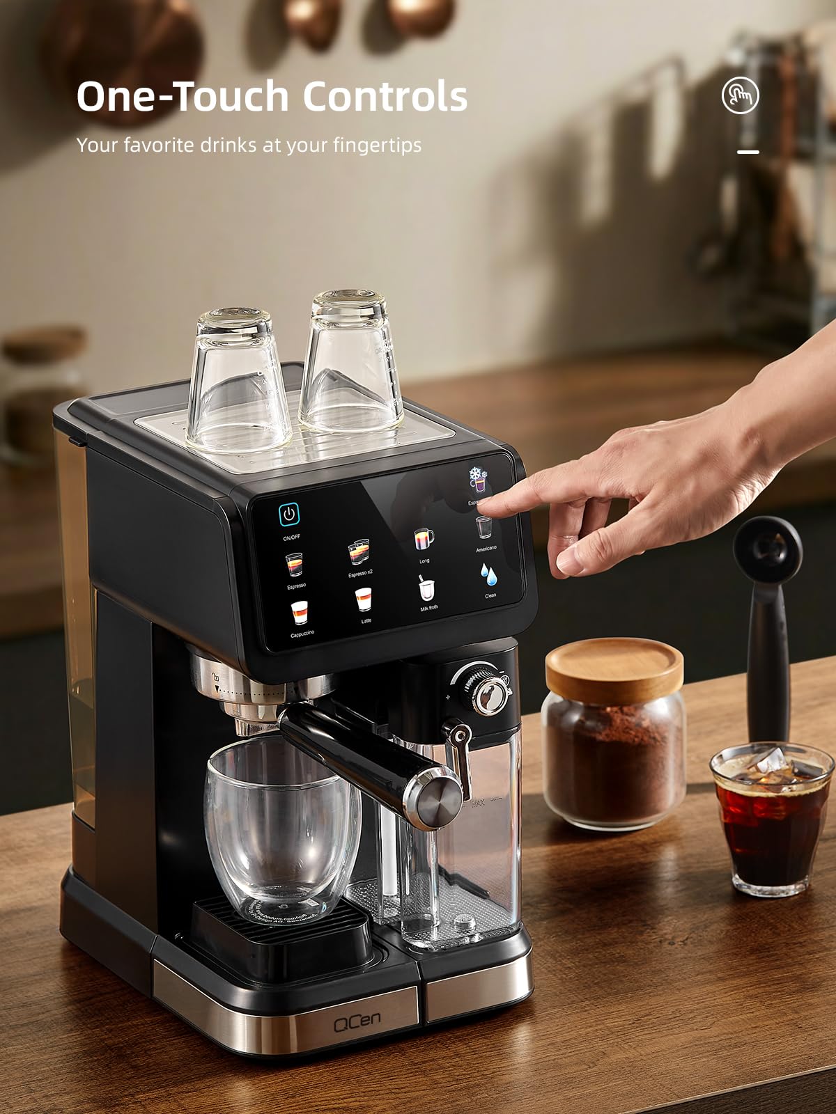 QCen Siebträgermaschine 20 Bar, 9-in-1 Espressomaschine mit Milchtank | 20 Bar Siebträgermaschine aus Edelstahl mit abnehmbarem Milchtank. 9 Automatikprogramme für Espresso, Cappuccino und Latte.