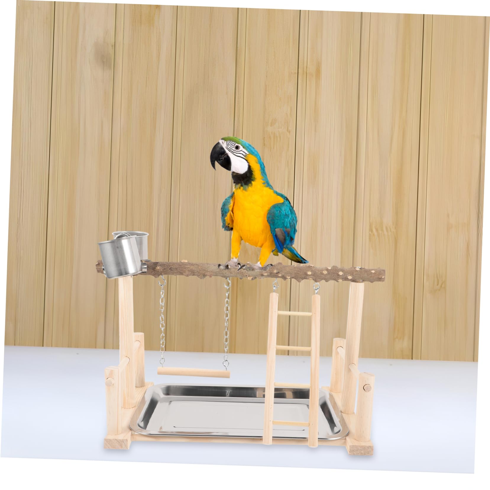 1satz Parrot Perch Stand Aus Holz Mit Futterbechern Und Leiter Für Vogelspielplatz Spiel Und Ruhebereich Im Käfig Interaktive Plattform Für Papageien Und Wellensittiche