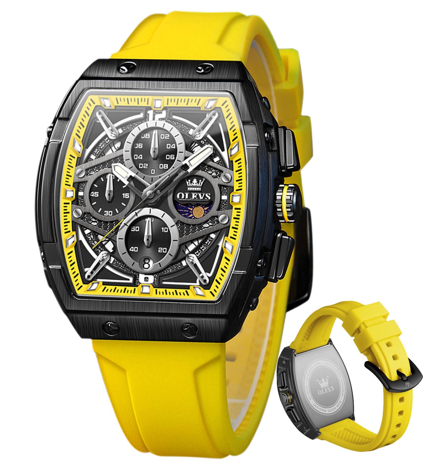 OLEVS Men Watches Business Dress Chronograph Big Square Quartz Analog Male Watch Silicone Strap Waterproof Date Gift Men