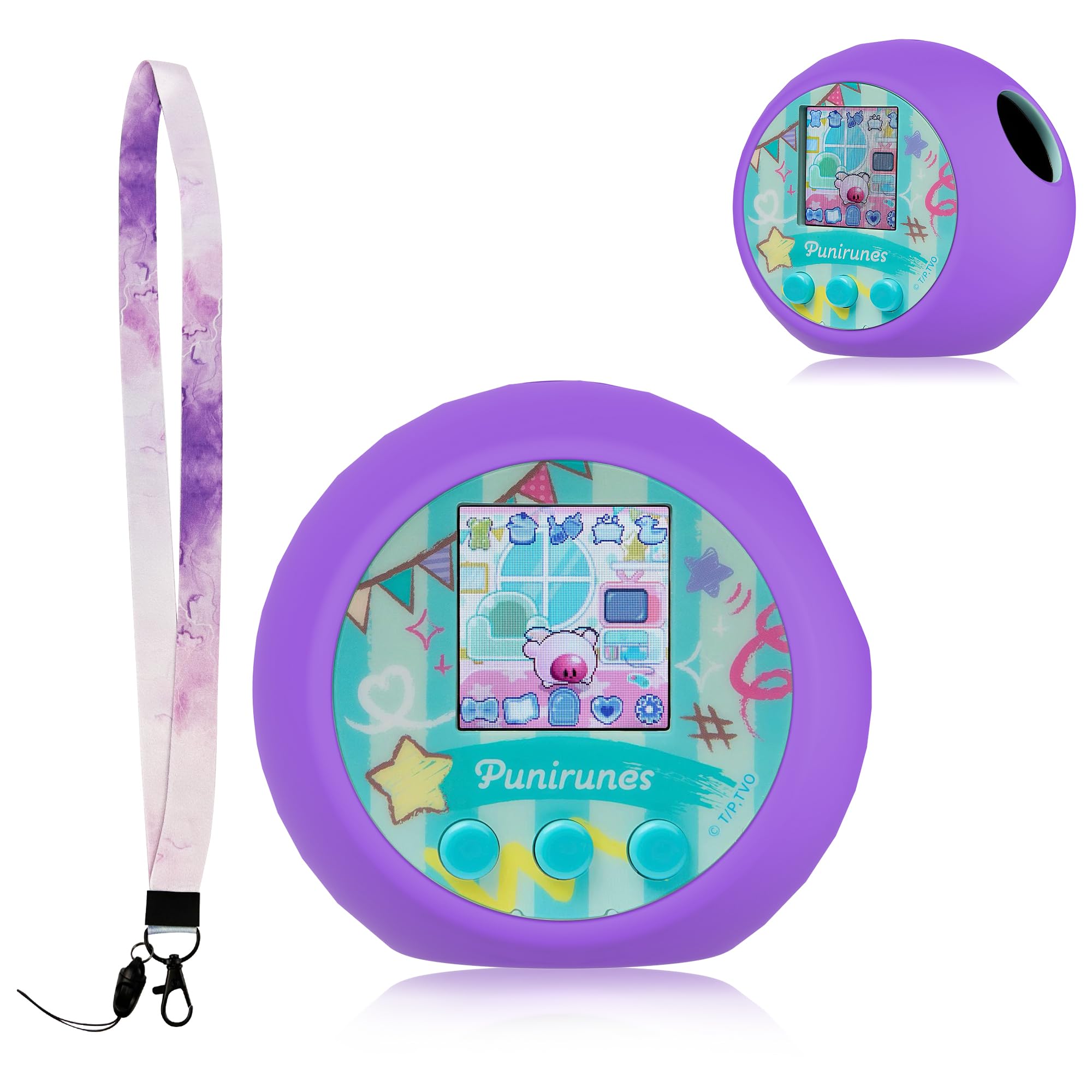 For Punirunes Interactive Digital Toy 専用 保護ケース ソフトシリコン製 全周保護 耐衝撃 かわいい背面デザイン ロングストラップ付き 落下防止 キズ防止 防水防塵 Punirunes Interactive Digital Toy case 装着したまま操作可能 (パープル)