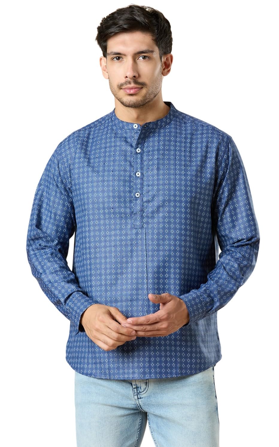 studio shringaar Men's Cotton Micro Mosaic Printed Classic Short Kurta Shirt (Regular Fit)-picture-14