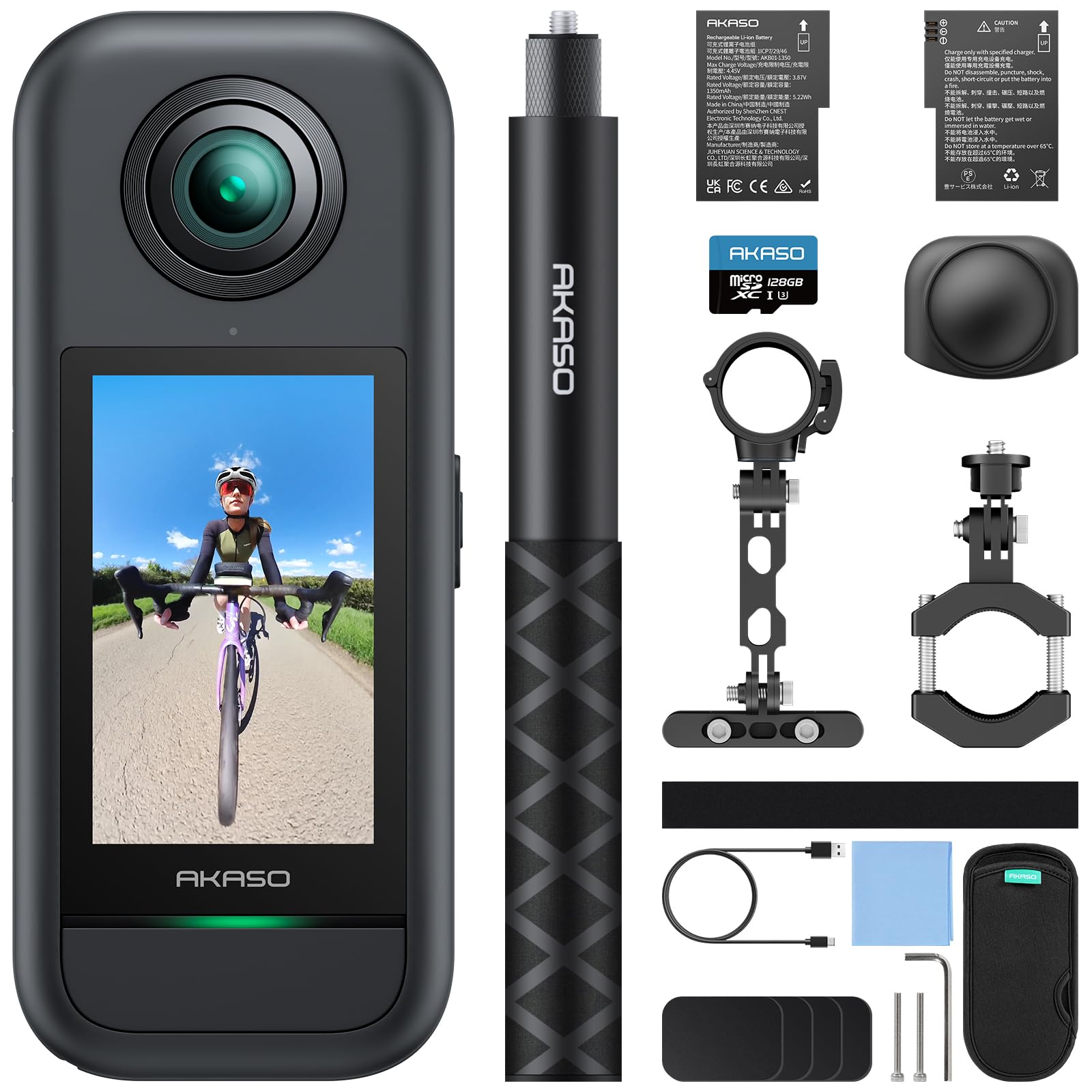 AKASO 360° Action Cam Fahrrad-Set - 5.7K 72MP 360 Grad Actionkamera mit 128GB Speicherkarte Duale 1/2" 48MP Sensoren, 2.29'' Touchscreen, Unsichtbarer Selfie Stick, 360° Horizon Lock und AI-Verfolgung