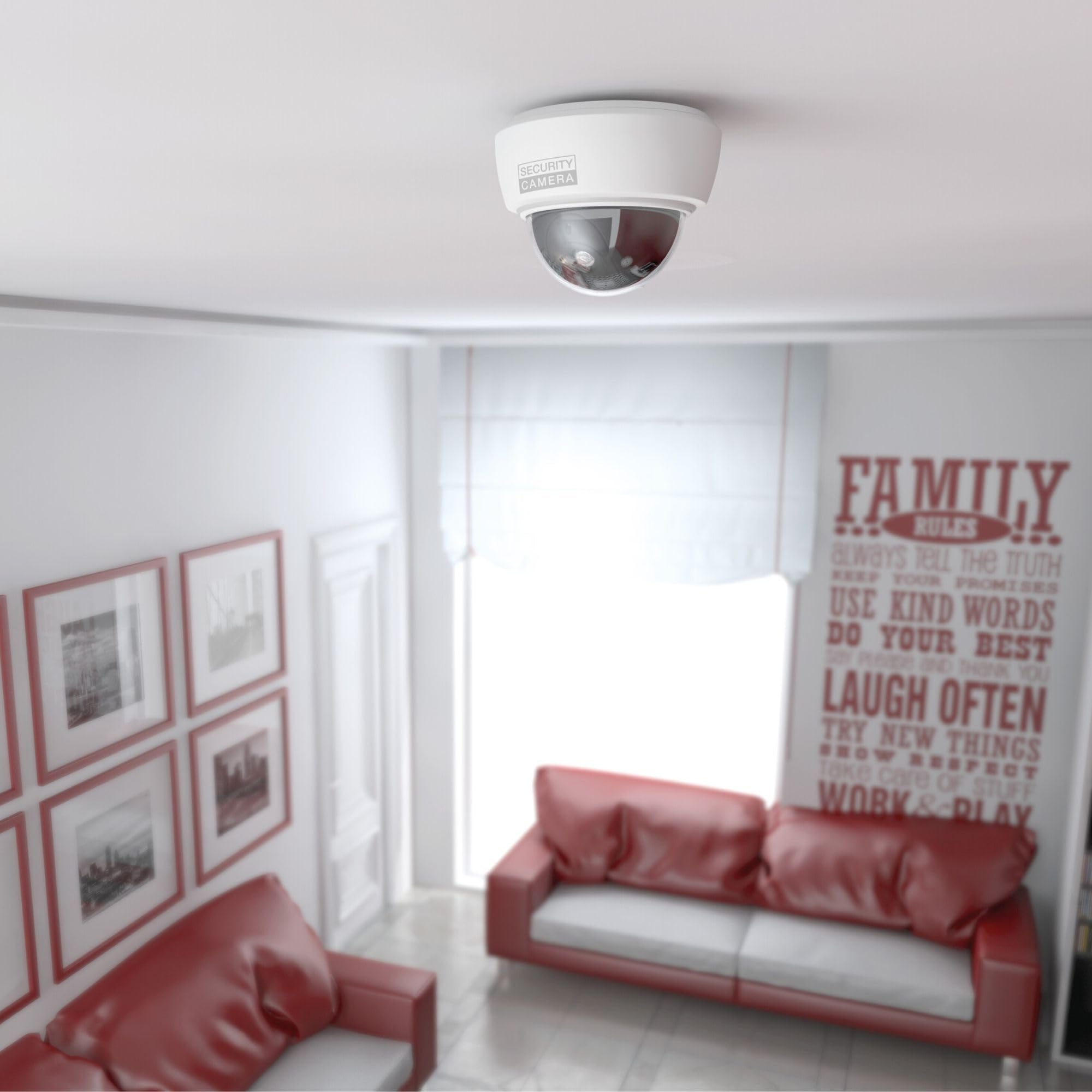 BASI | Lot de 2 caméras dôme factice avec lumière LED clignotante | Caméra factice | Caméra de surveillance pour l'intérieur et l'extérieur protégé | Montage mural au plafond | Blanc | CCTV