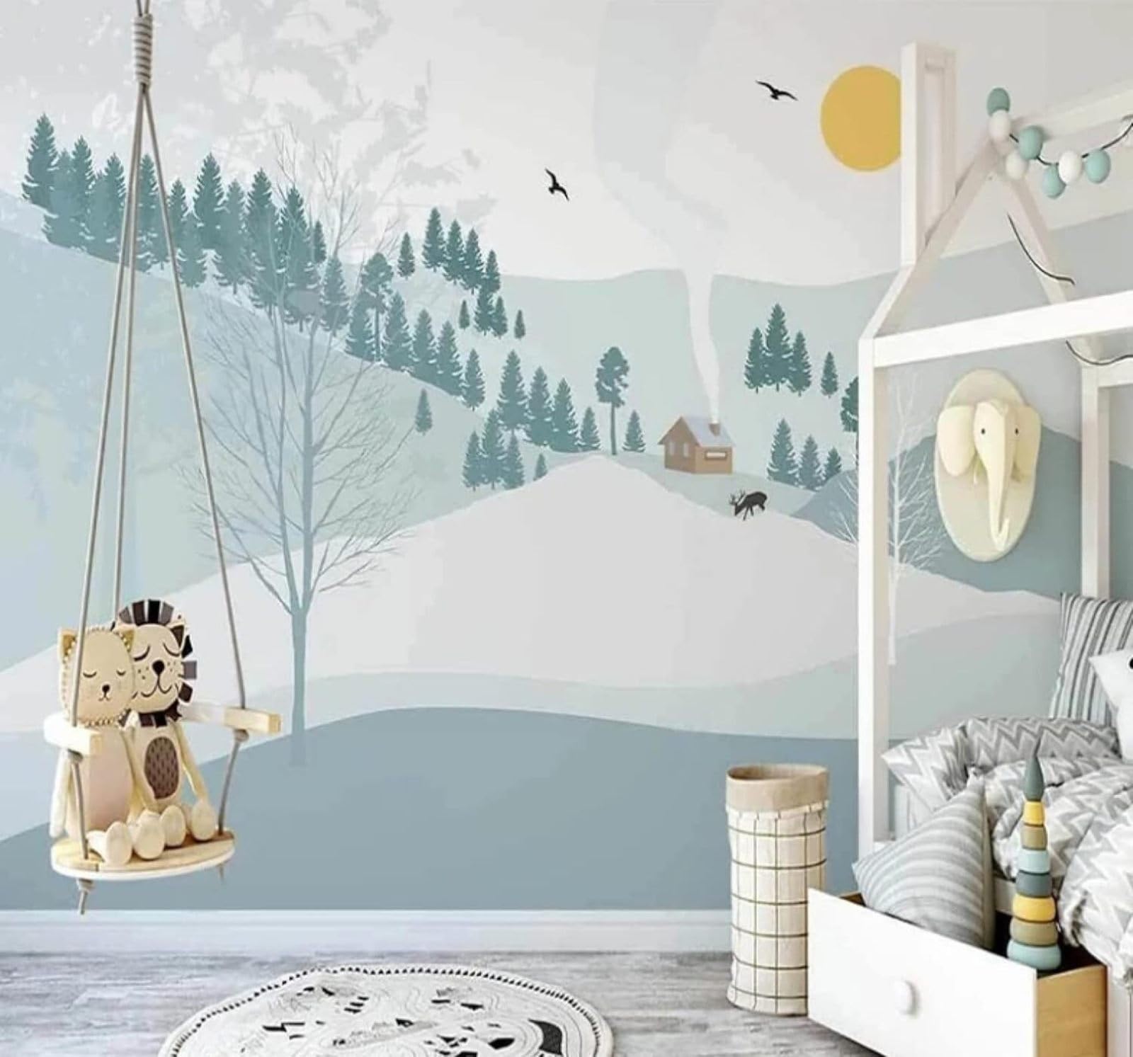 Xlming 200Cm×140Cm(B×H) Cartoon Fresh Mountain Peaks Forest Landscape 3D Wallpaper Luxury Home Dining Decor Paste Sofa Living Room The Wall For Bedroom Mural-200Cm×140Cm