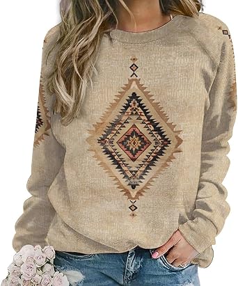 LOAIHA Aztec Shirts for Women Native American Long Sleeve Western Sweatshirts Geometric Print Tops Fall Crewneck Blouses