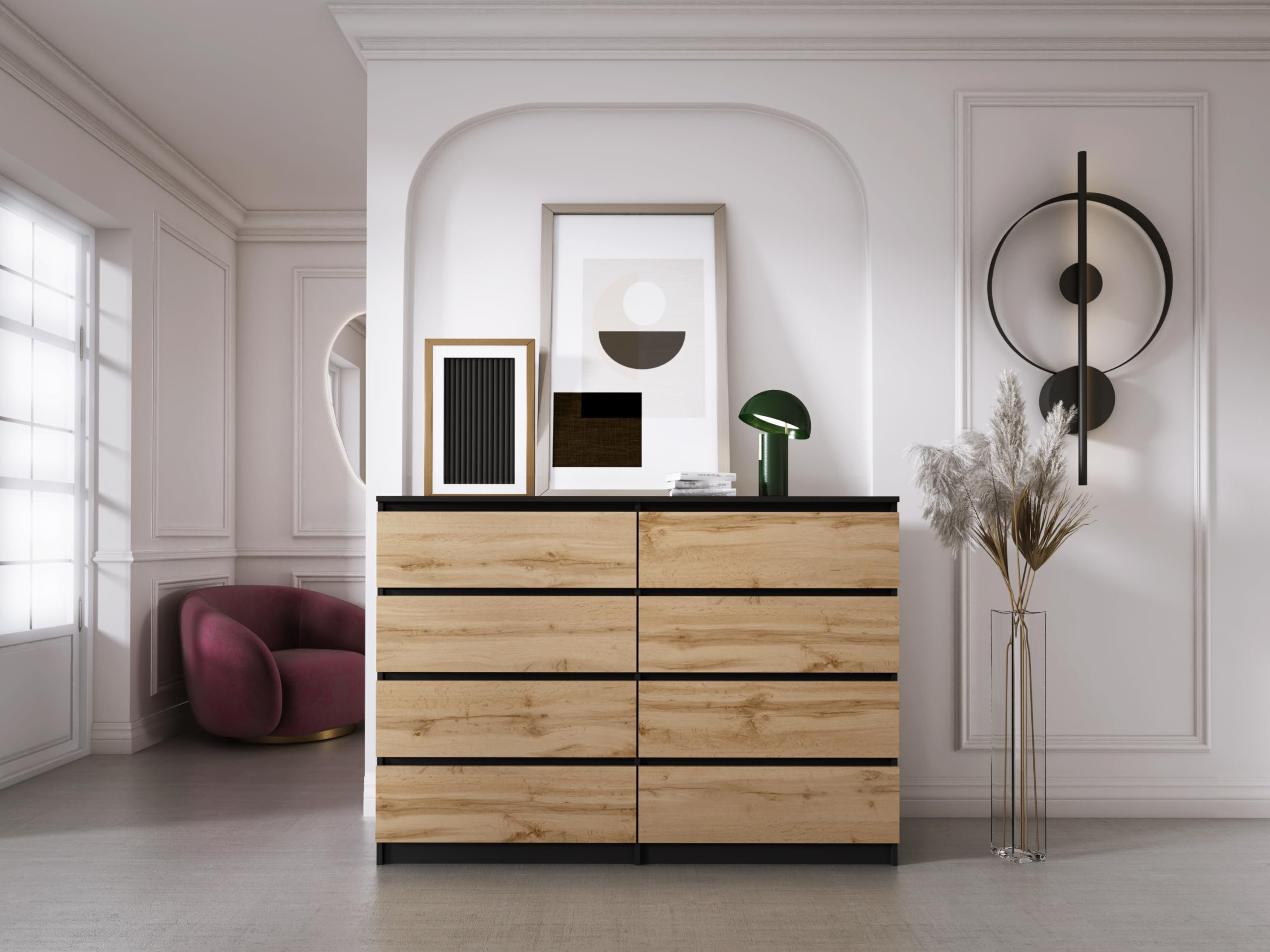 3E 3xE living.com Cassettiera con 8 cassetti, colore: nero/Rovere wootan, A: 140 x 101 x 39 cm