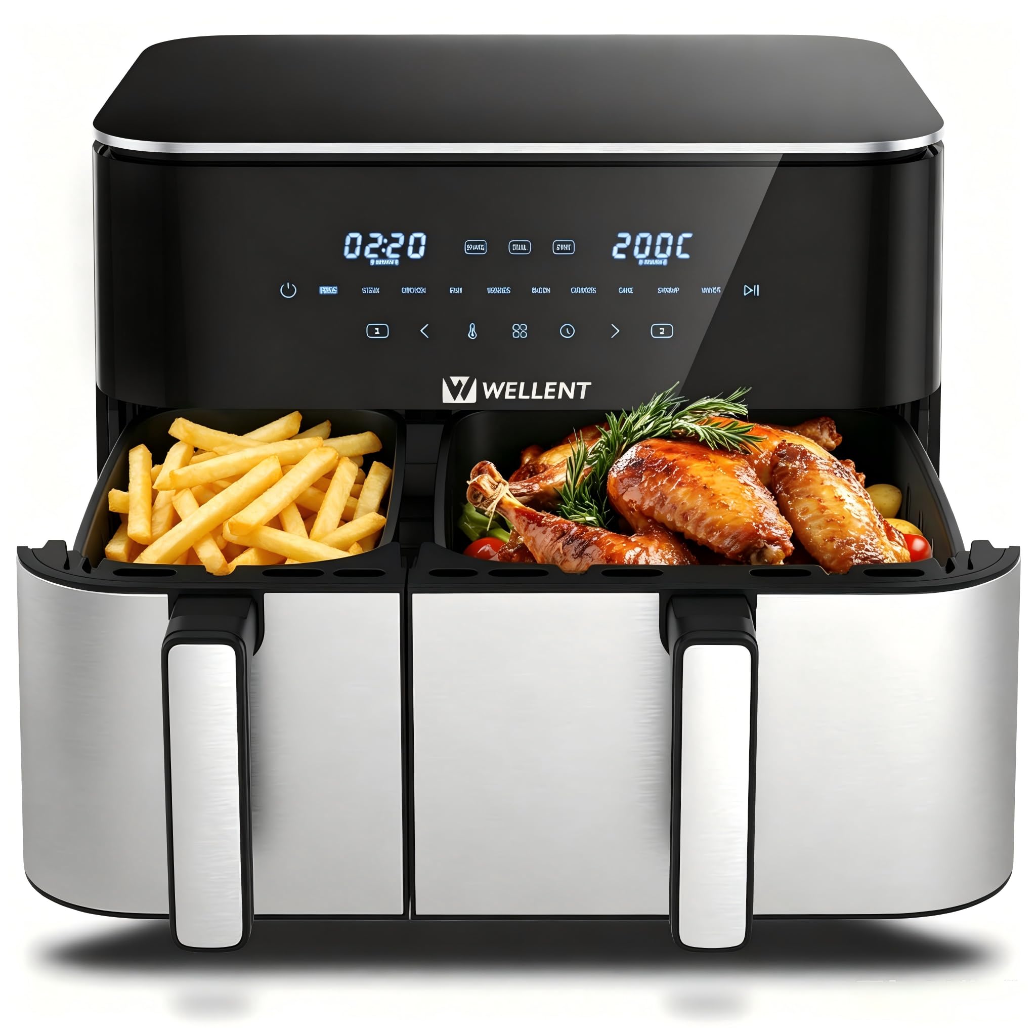 WELLENT 11L Airfryer 2 Kammern, 2600W Heißluftfritteuse XXL(4+7L),10-in-1 Heissluftfritteuse Doppelkammer Air fryer Dual Zone mit Touchscreen, Match & Sync-funktion, spülmaschinenfest
