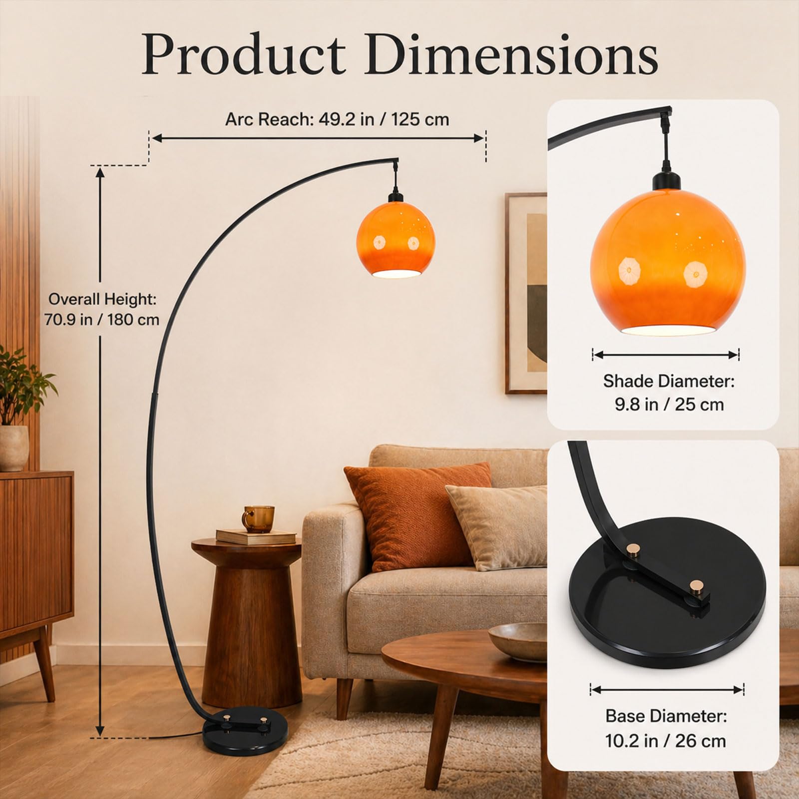 Lampada Da Terra Ad Arco Da 180 CM, Stile Mid-Century Modern, Arancione, Con Globo In Vetro, Attacco E27, 3 Temperature Di Colore, Base In Marmo, Lampada Alta Per Soggiorno E Camera Da Letto