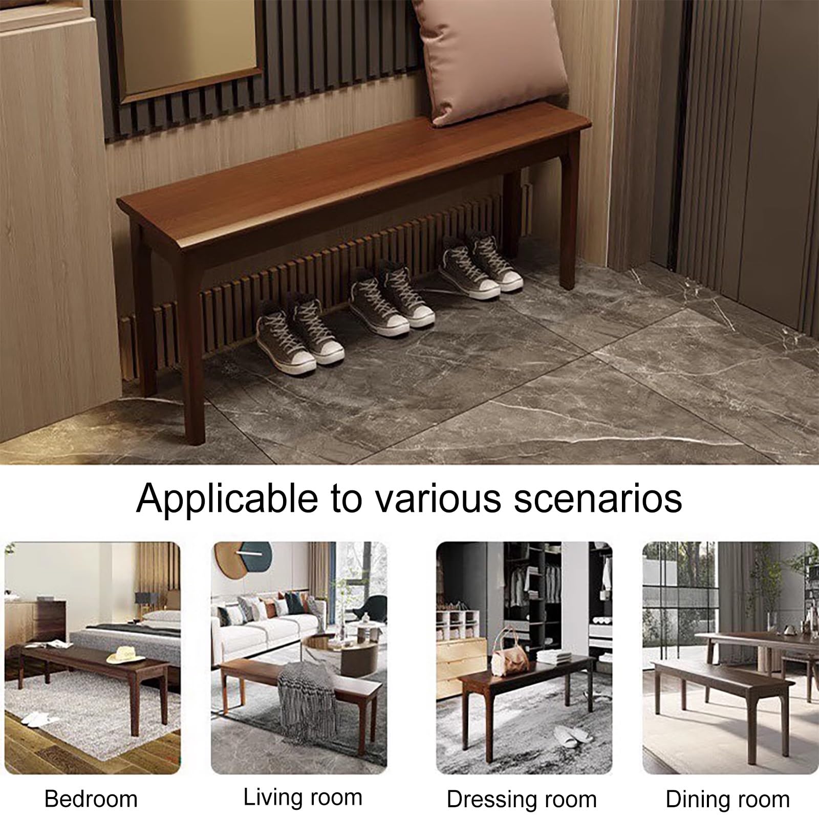 Plank+Beam Mid Century Modern Dining Bench, Solid Wood Entryway Bench with Solid Wood Leg, Long Ottoman Bench for Front Entryway Living Room Dining Room Kitchen(Wood Color,100 * 30cm/39 * 12in)