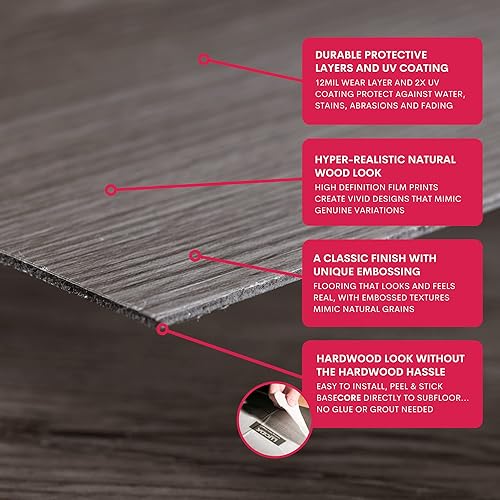 Miniatura 5 de LUCiDA SURFACES - Baldosas de vinilo de lujo, azulejos autoadhesivos para instalar uno mismo, 12 tablones con apariencia de madera, BaseCore -