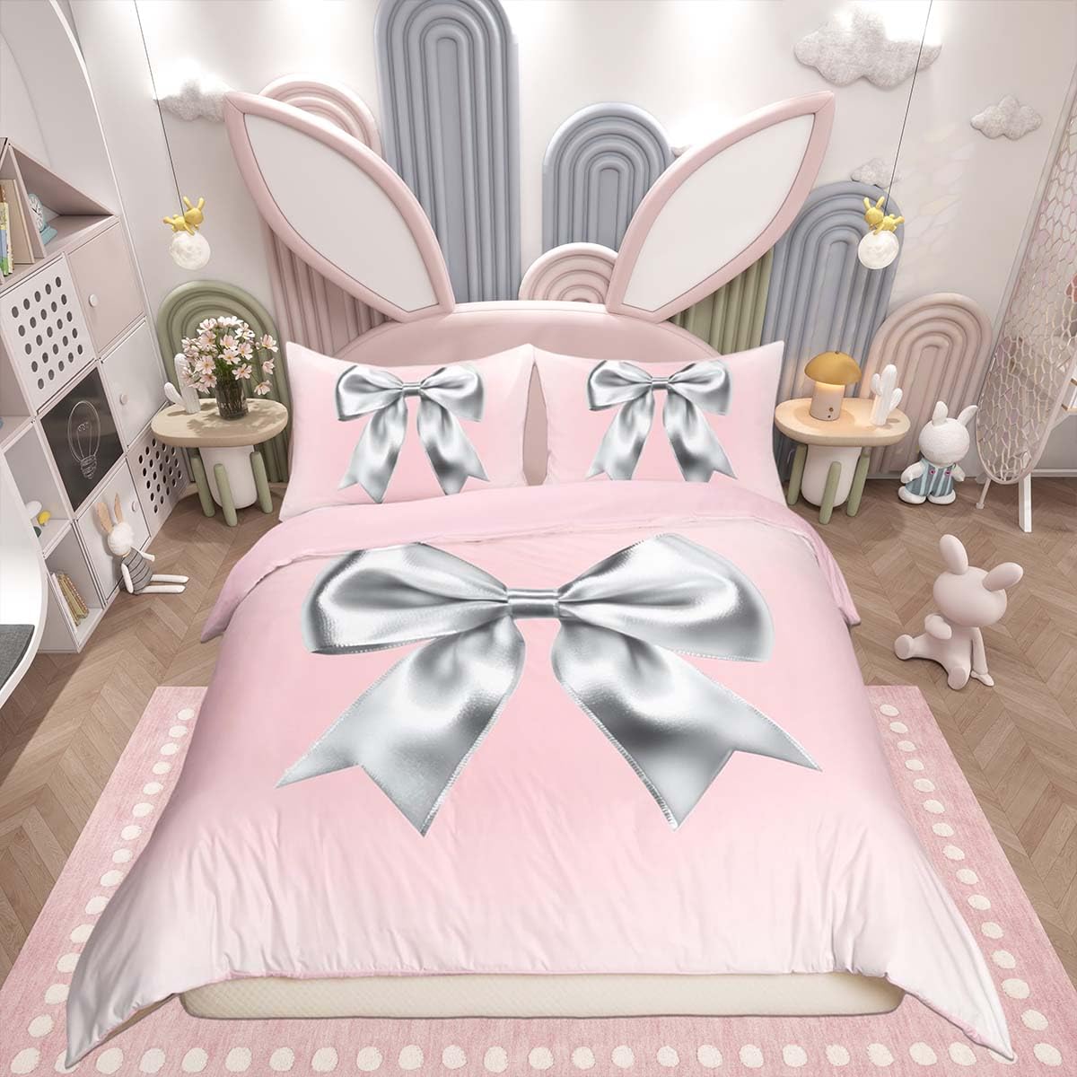 Homemissing Silvery Pink Bow Duvet Cover Set King Size For Kids Adults Girls Teens Dreamy Princess Style Bow Bedding Set Kawaii Bowknot Comforter Cover with 2 Pillowcases Room Decor