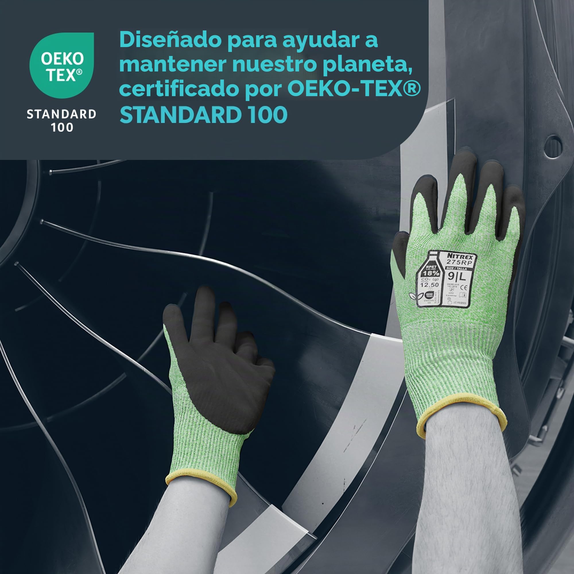 NITREX 275RP - Guantes de seguridad para el trabajo, 5 pares de guantes de seguridad de nitrilo arenoso, recubiertos en la palma, resistentes a los cortes, sostenibles, guantes para pantalla táctil,
