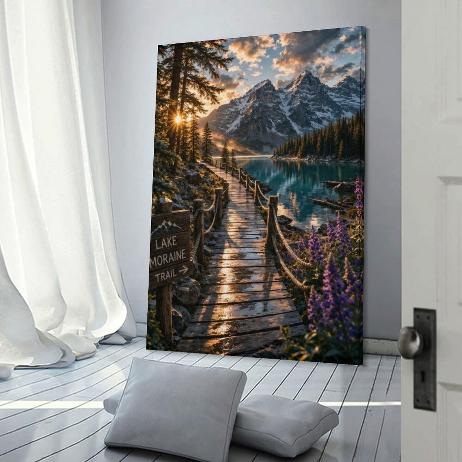 Junmoney Frame-Style-13 Lake Moraine Trail At Sunrise Room Decor Wall Art 24X36inch(60X90cm), For Lounge Decor, Offices Or Entryway Styling, A Flexible Wall Accent For Shared Spaces