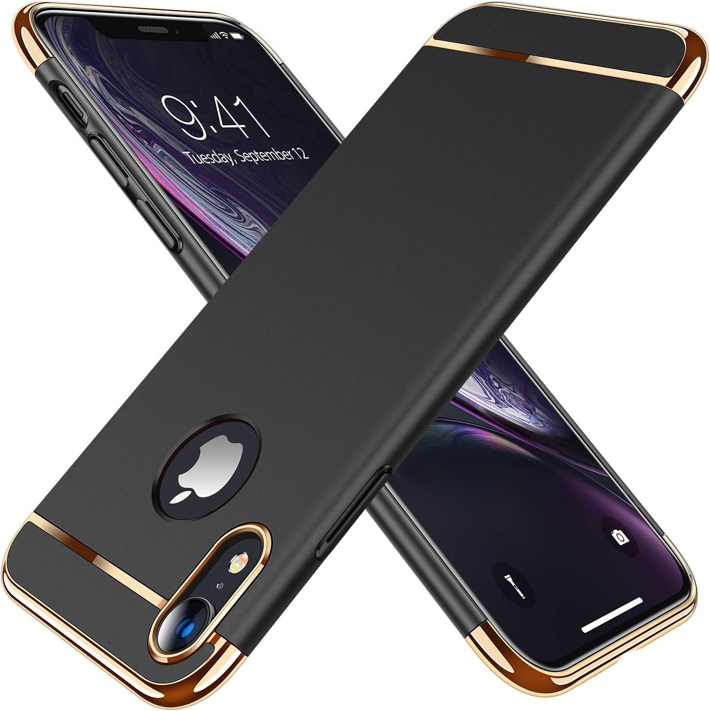 TORRAS Lock Series Designed for iPhone XR Case, 3-in-1 Luxury Hybrid Hard Plastic with Gold Trim Matte Finish Slim Thin Phone Case, Black