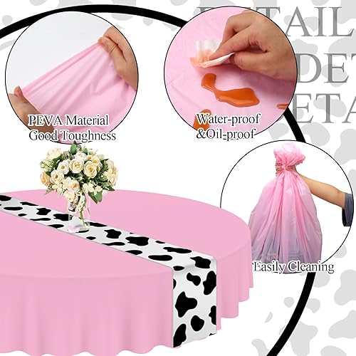 Miniatura 3 de Oudain Juego de 20 manteles redondos color rosa de 84 pulgadas, camino de mesa de vaca de 12 x 108 pulgadas, fundas de plástico desechables,