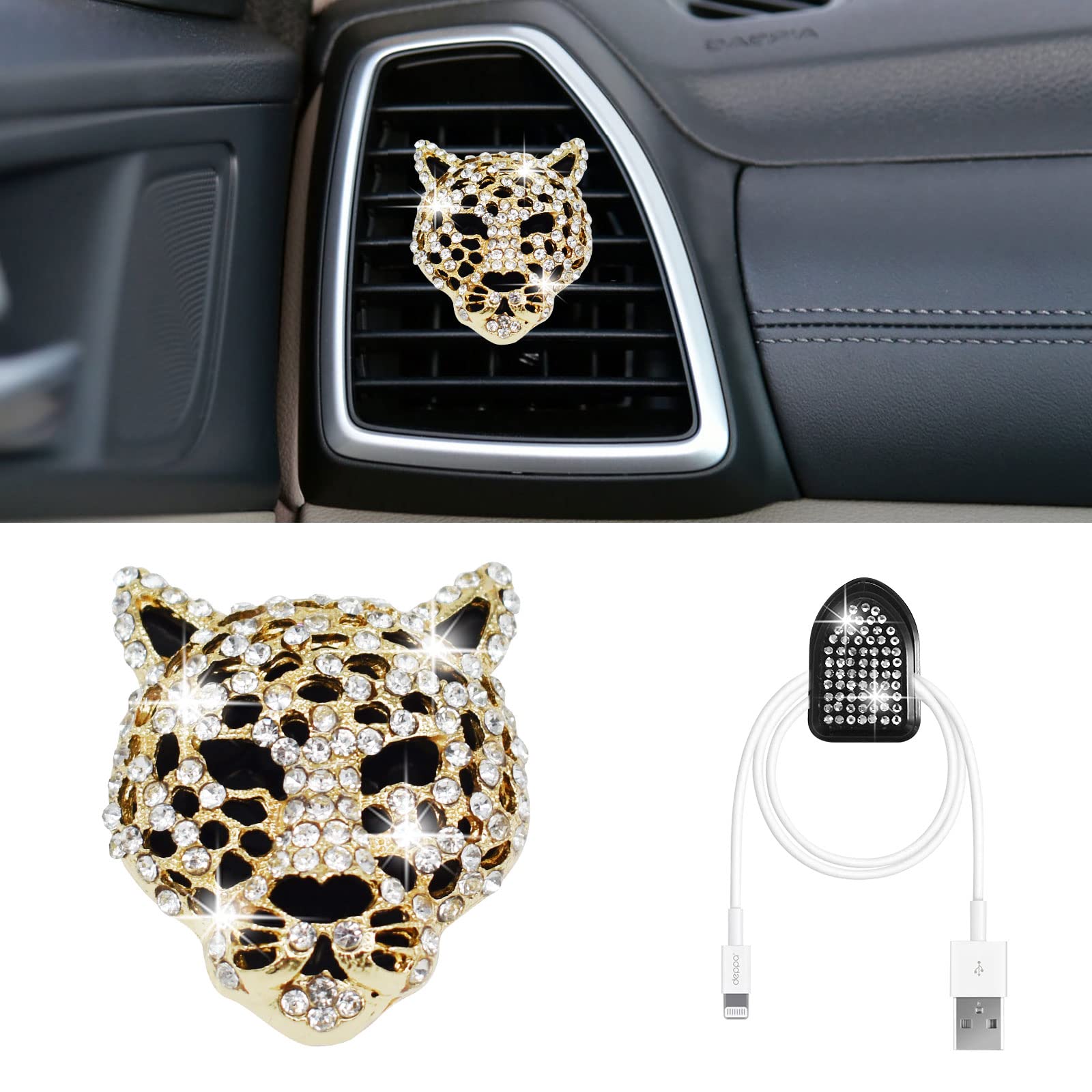 Bling Leopard Air Vent Clips, Crystal Leopard Car Air Fresheners Vent Clips Car Diffuser Vent Clip Rhinestone Decoration Interior Decor Bling Accessories for Women (Golden)