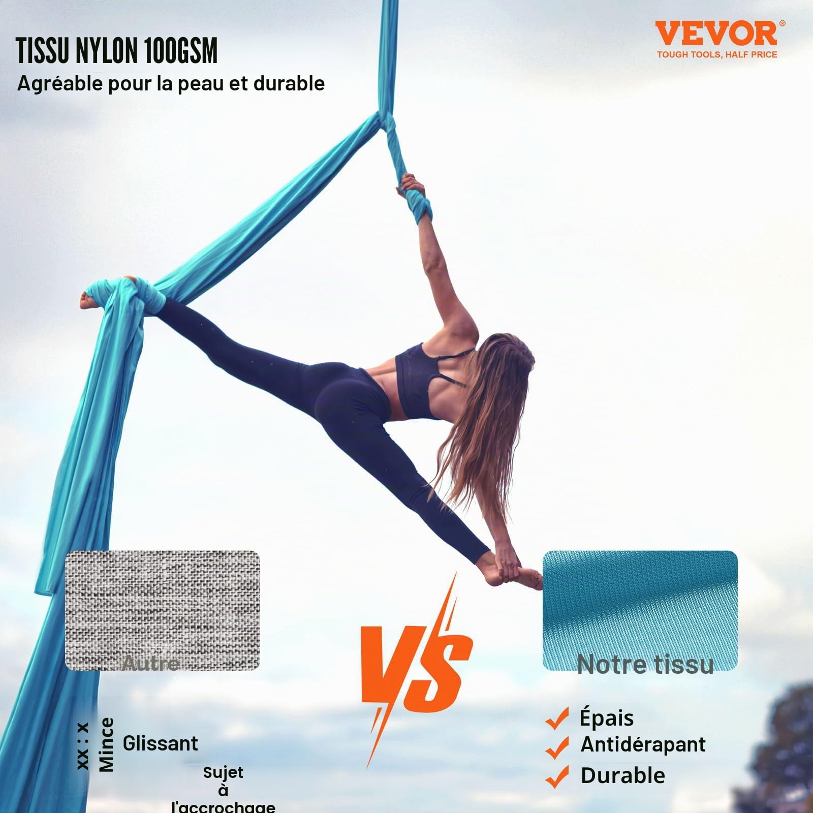 VEVOR Hamac de Yoga Aérien 5x2,8 m Kit Balançoire de Yoga Inversion Danse Aérienne en Nylon 100 g/m² Charge 1000 kg Vol Anti-gravité d'Air pour Fitness Musculation Pilates Gym Maison Studio Bleu
